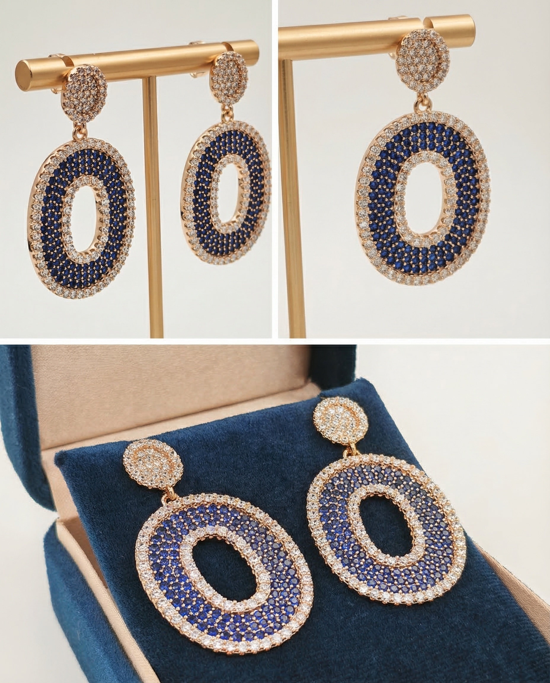 Handcrafted Vintage Geometric Earrings with Sapphire Blue Crystals & Diamonds