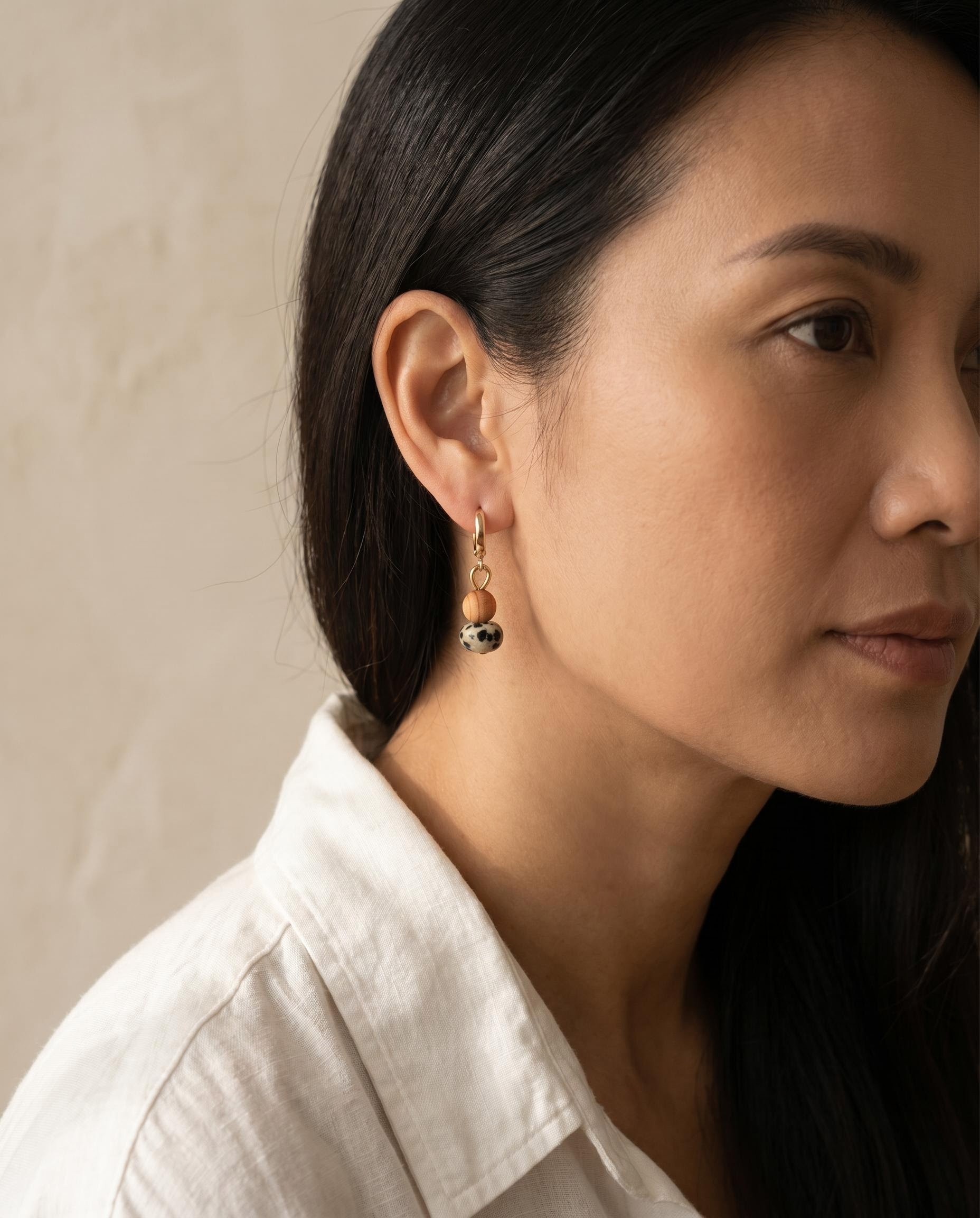 Gold-Tone Hoop Drop Earrings with Wood-Like and Spotted Beads