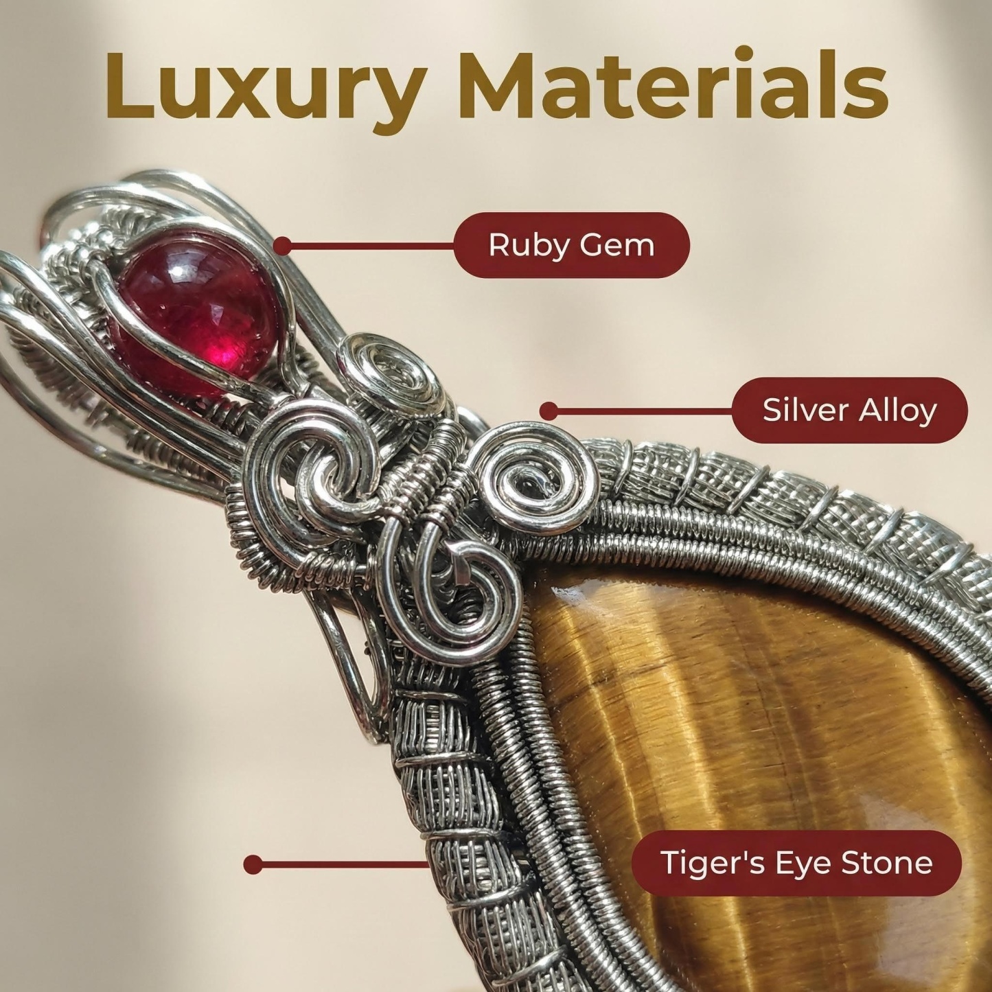 Dragon Pattern Copper Wire Wrapped Tiger‘s Eye Pendant - Ruby Accent & Vintage Glamour