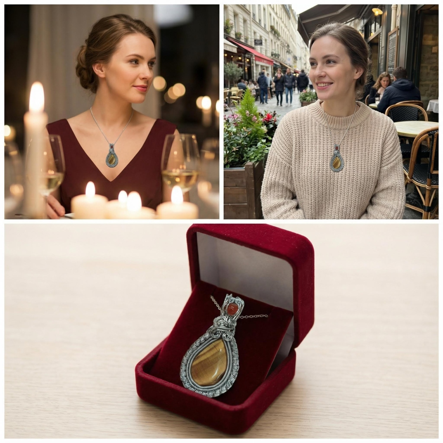 Dragon Pattern Copper Wire Wrapped Tiger‘s Eye Pendant - Ruby Accent & Vintage Glamour