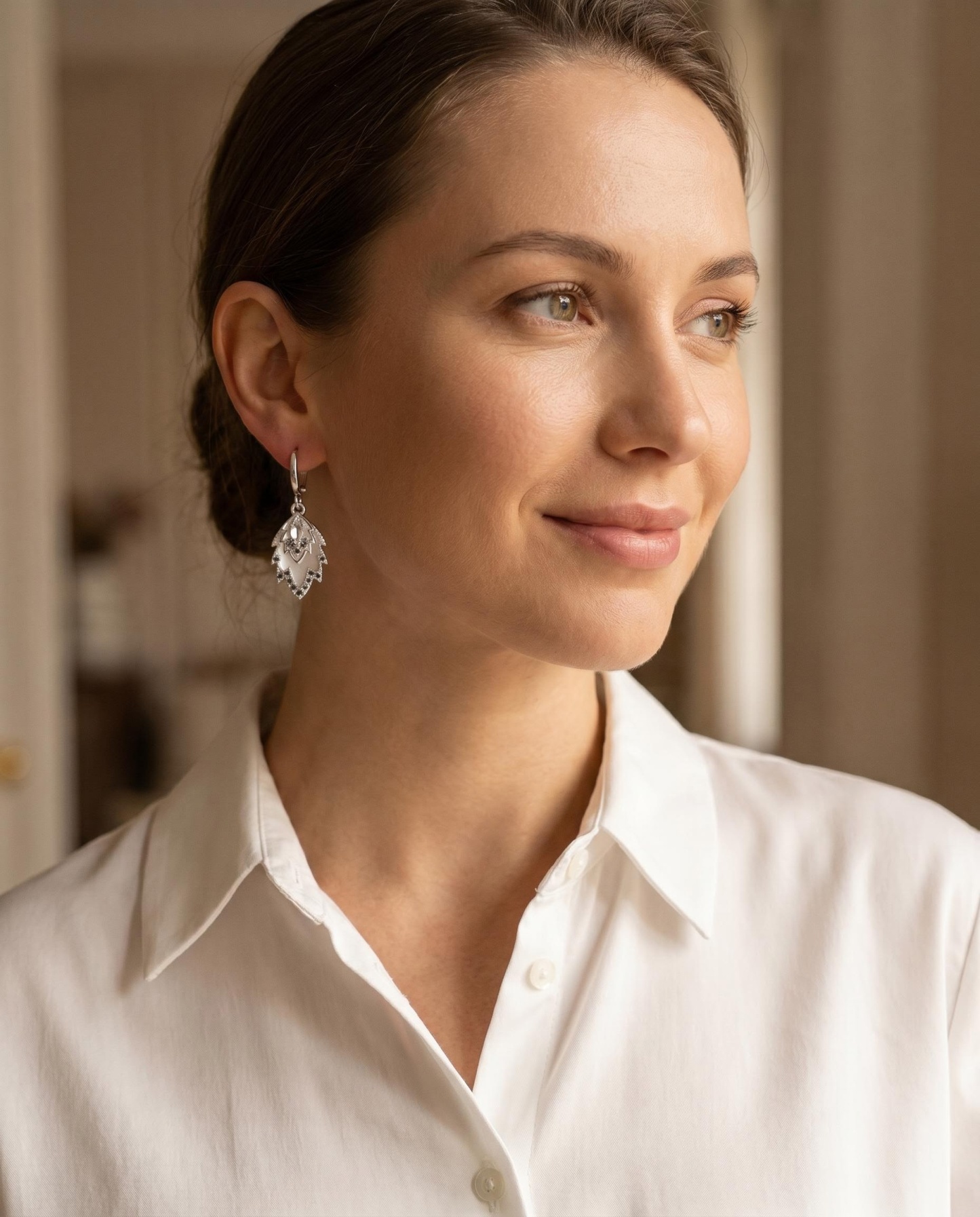 Silver-Tone Mother-of-Pearl-Inspired Leaf Drop Earrings