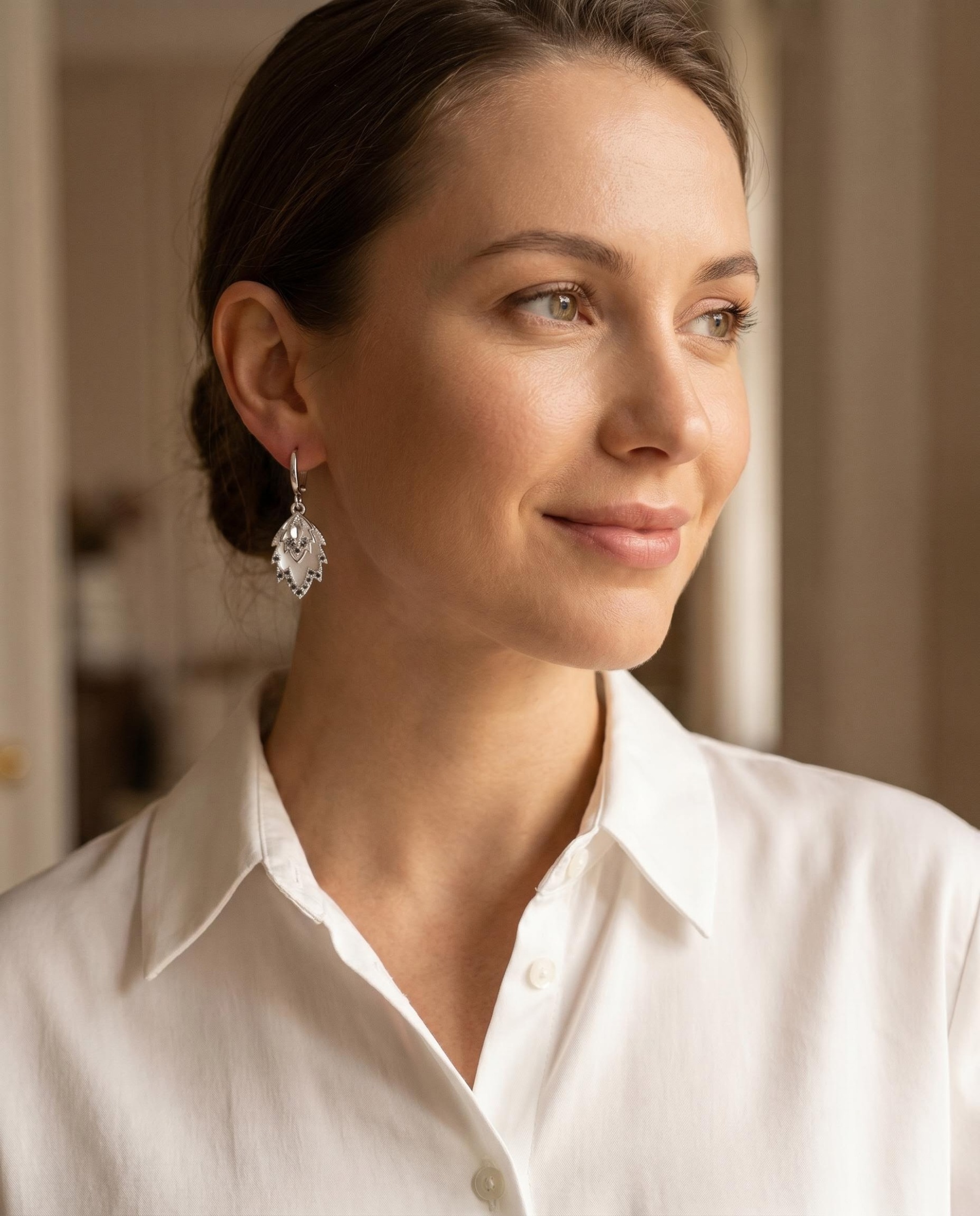 Silver-Tone Mother-of-Pearl-Inspired Leaf Drop Earrings