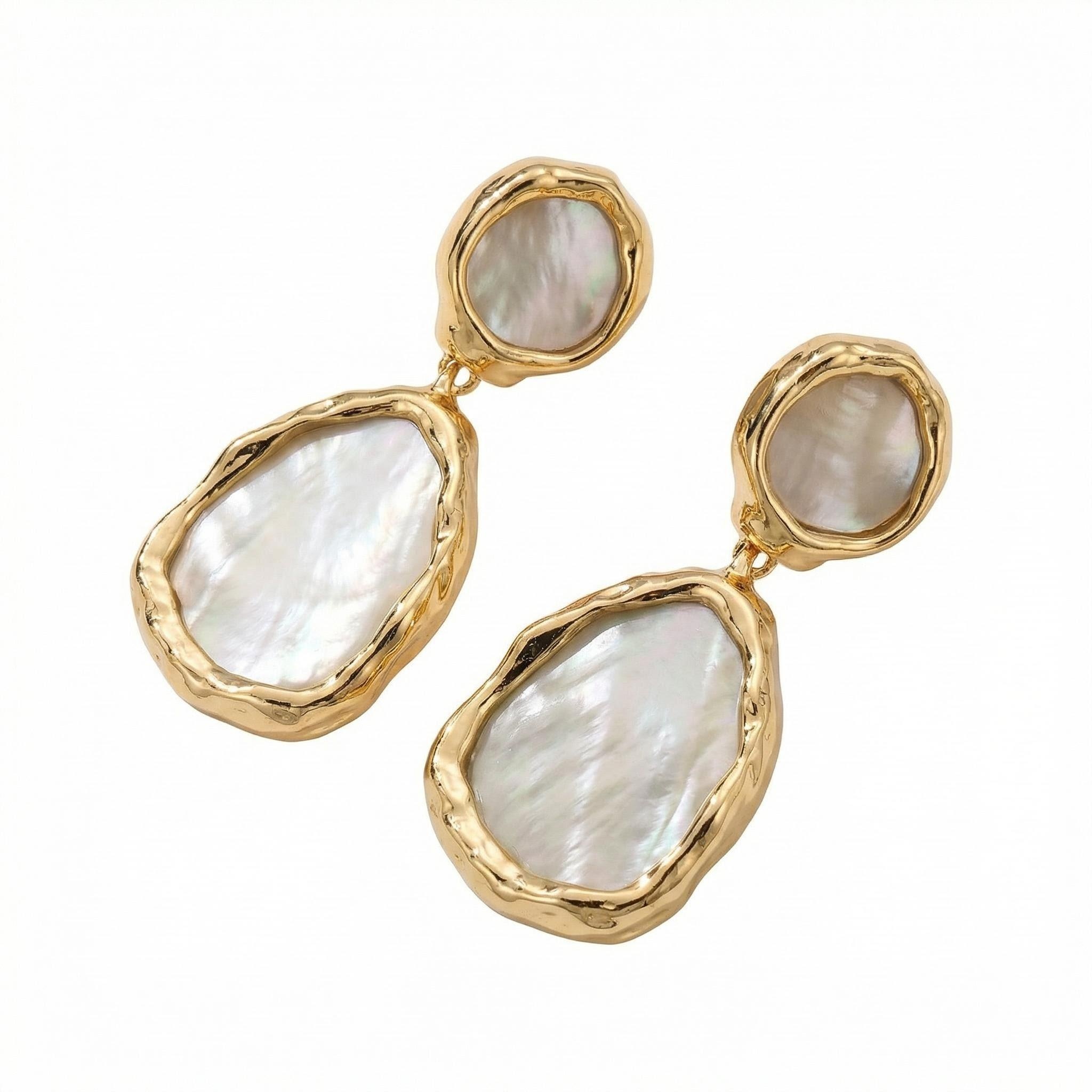 Double Mother-of-Pearl Drop Earrings – Organic Teardrops in Hammered Gold