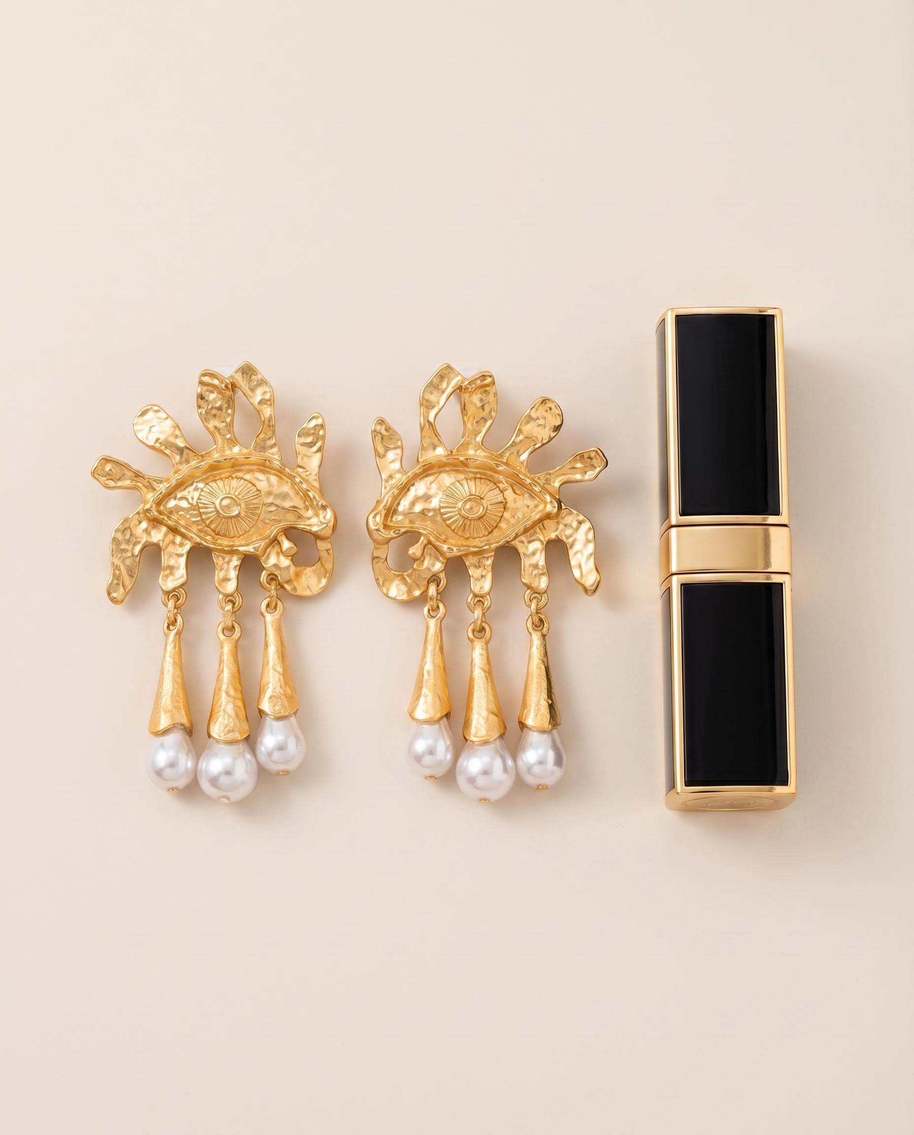 “Eye of the Sun” Hand-Forged Bohemian Tattoo Earrings – Gold with Pearl Tassels