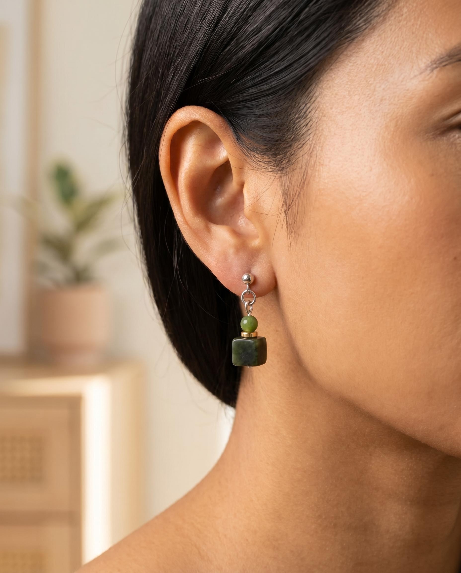 Silver-Tone Green Stone-Like Drop Earrings