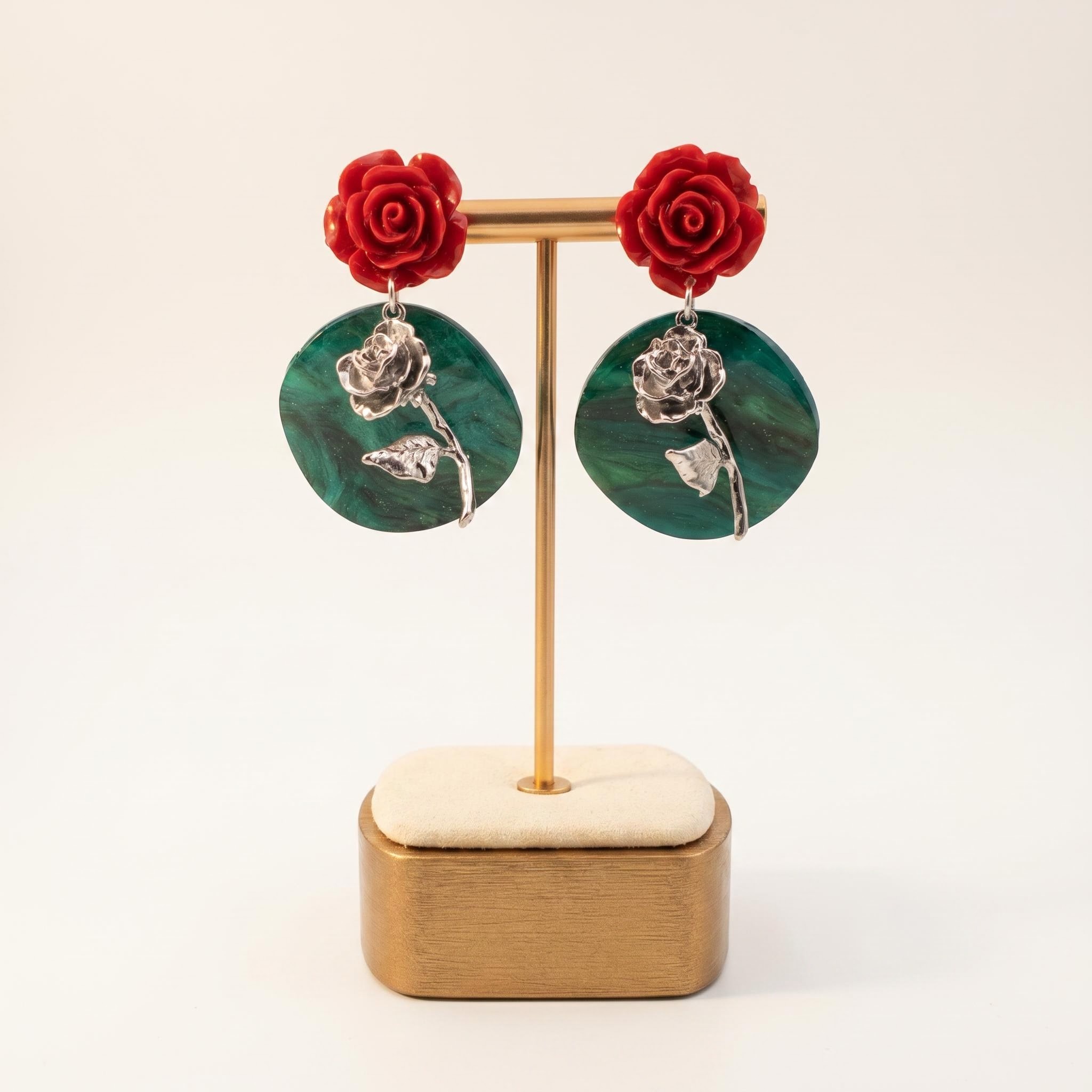 Red Rose Green Disc Drop Earrings
