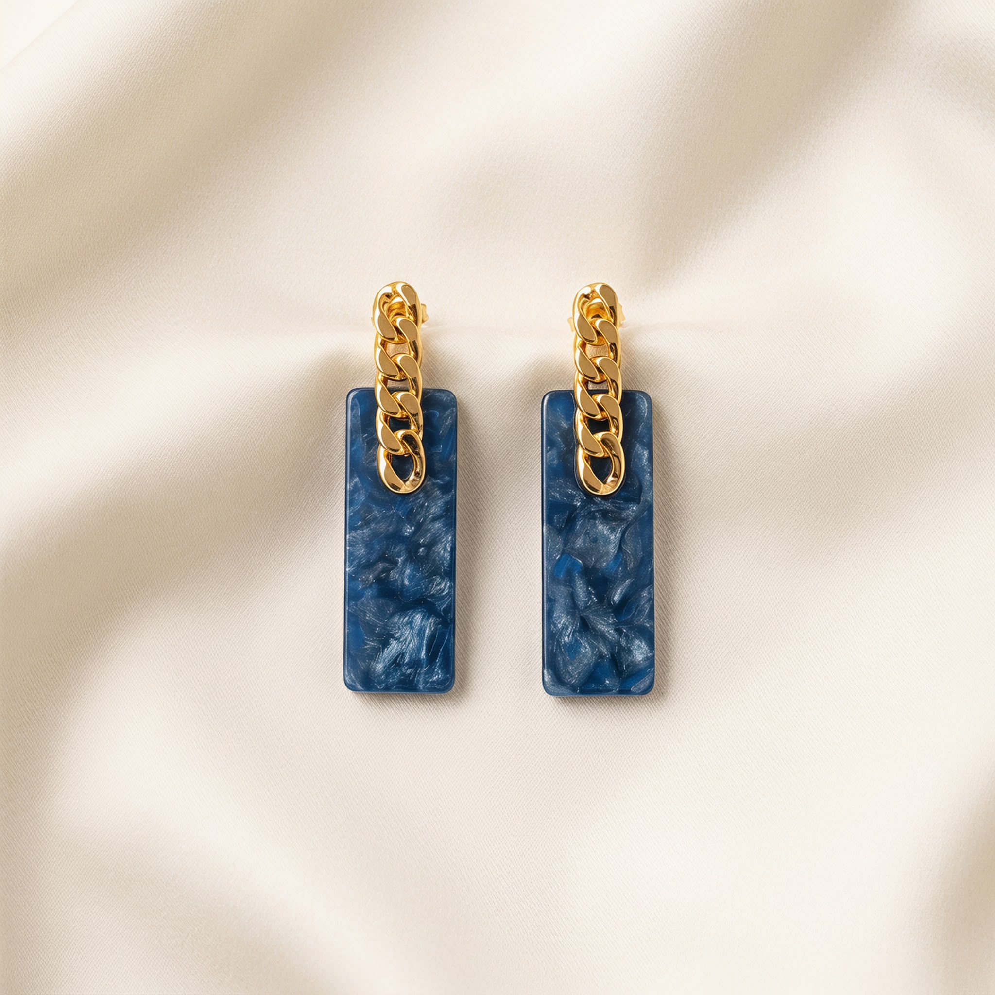 Gold-Tone Chain Link Blue Rectangle Drop Earrings