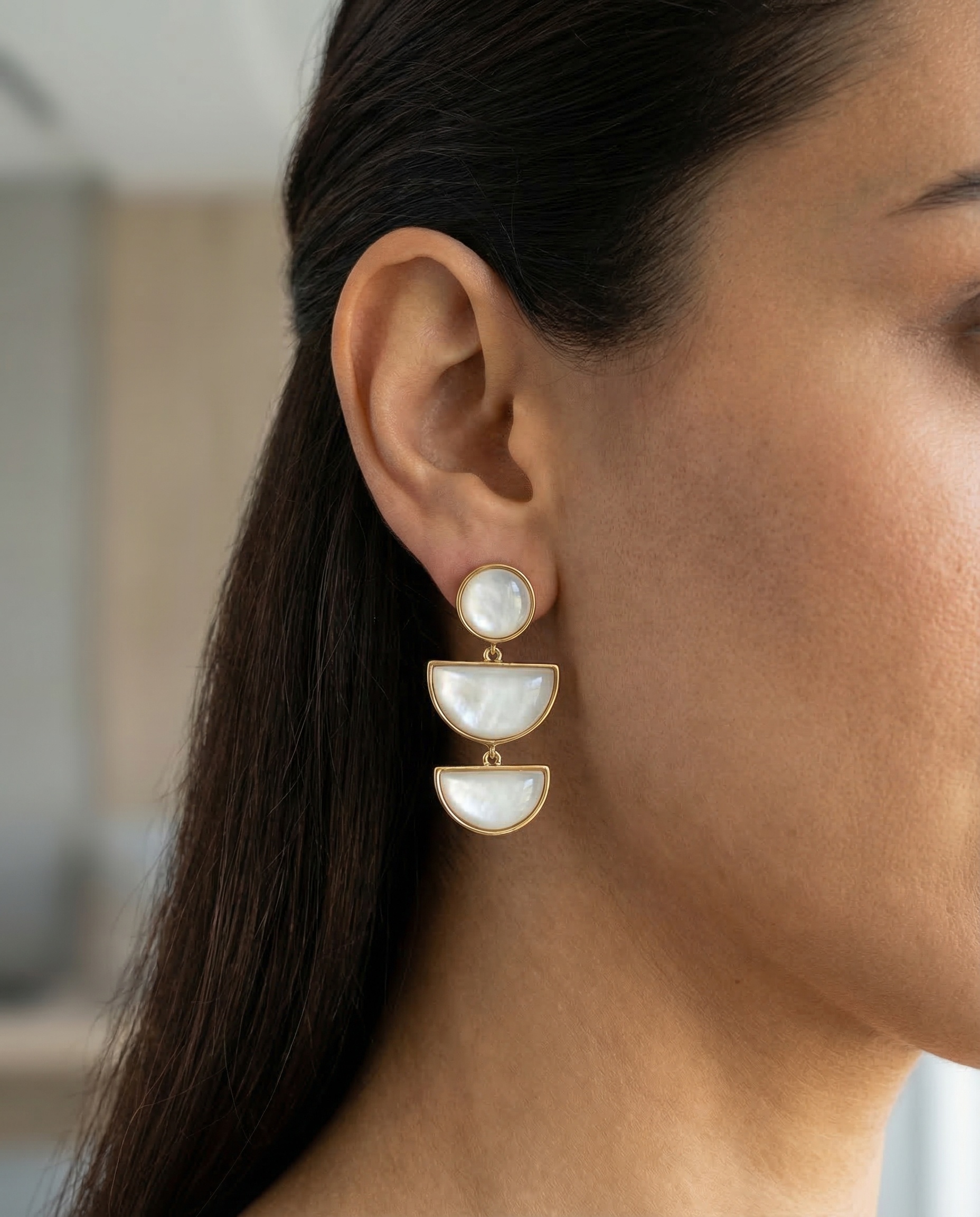 “Layered Shell & Gold” Geometric Mother-of-Pearl Drop Earrings