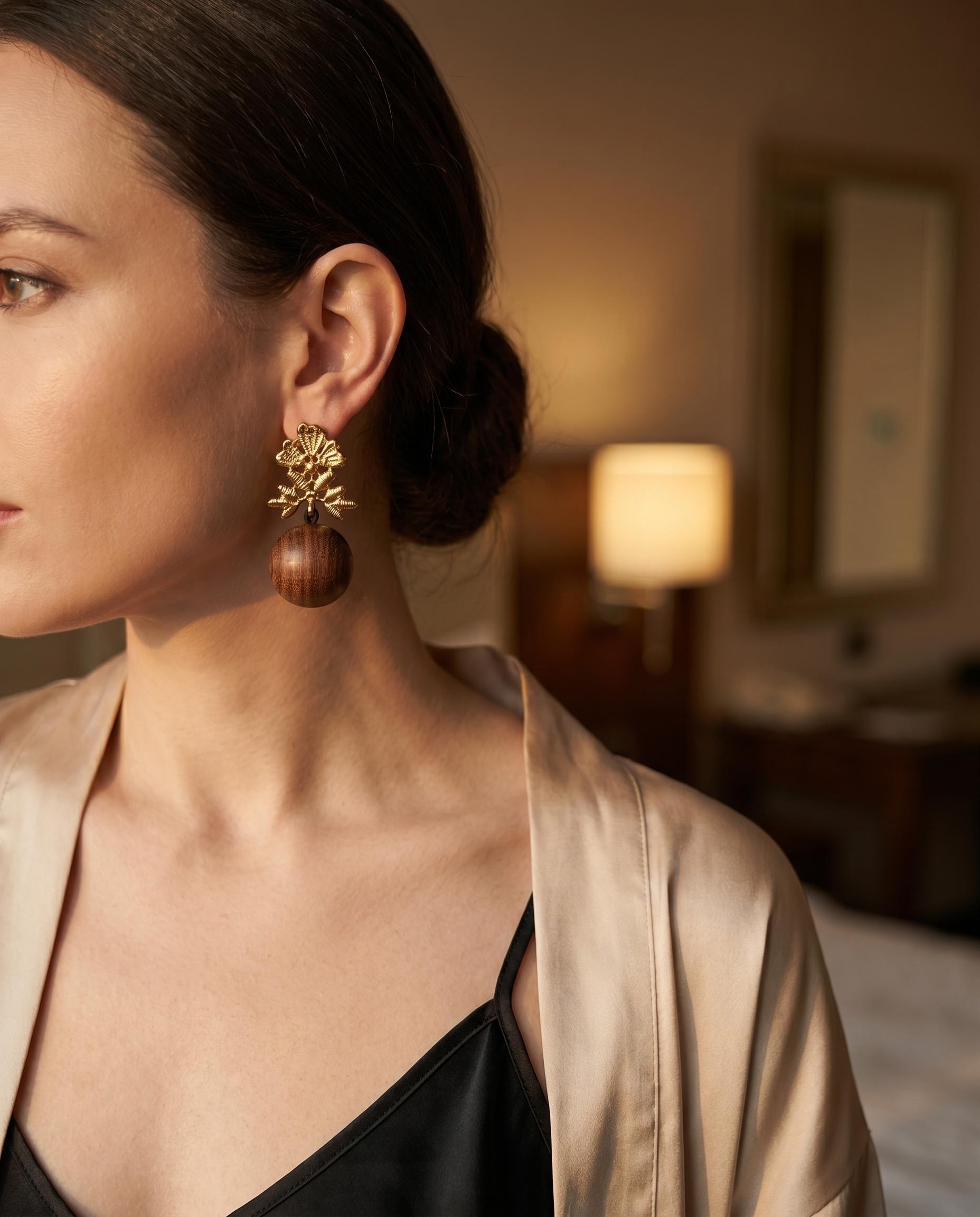 Gold-Tone Floral Wood-Like Bead Statement Earrings