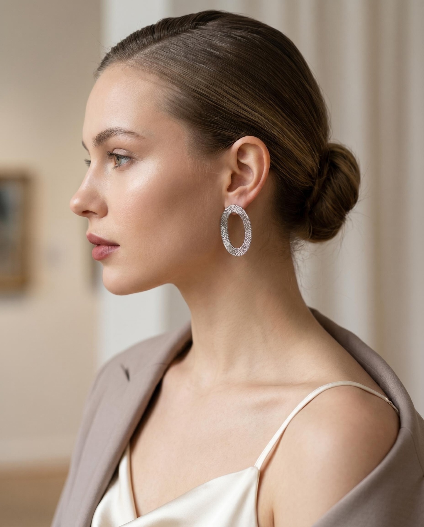 Silver-Tone Woven Oval Stud Earrings