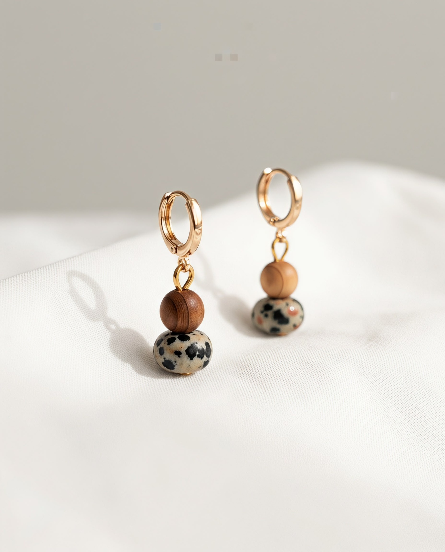 Gold-Tone Hoop Drop Earrings with Wood-Like and Spotted Beads