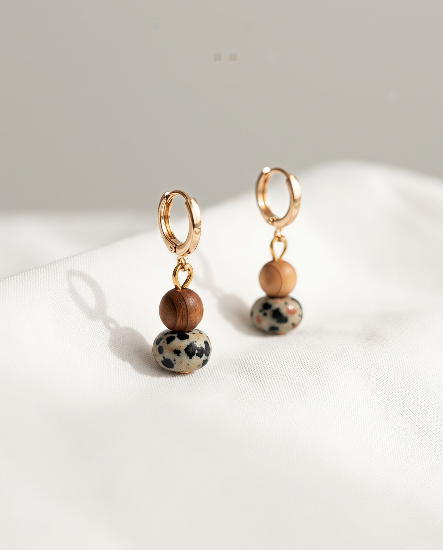 Gold-Tone Hoop Drop Earrings with Wood-Like and Spotted Beads