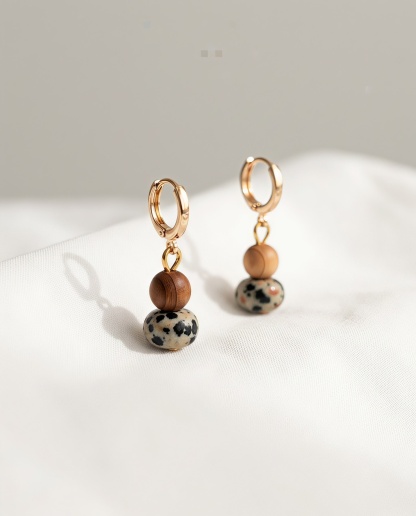 Gold-Tone Hoop Drop Earrings with Wood-Like and Spotted Beads
