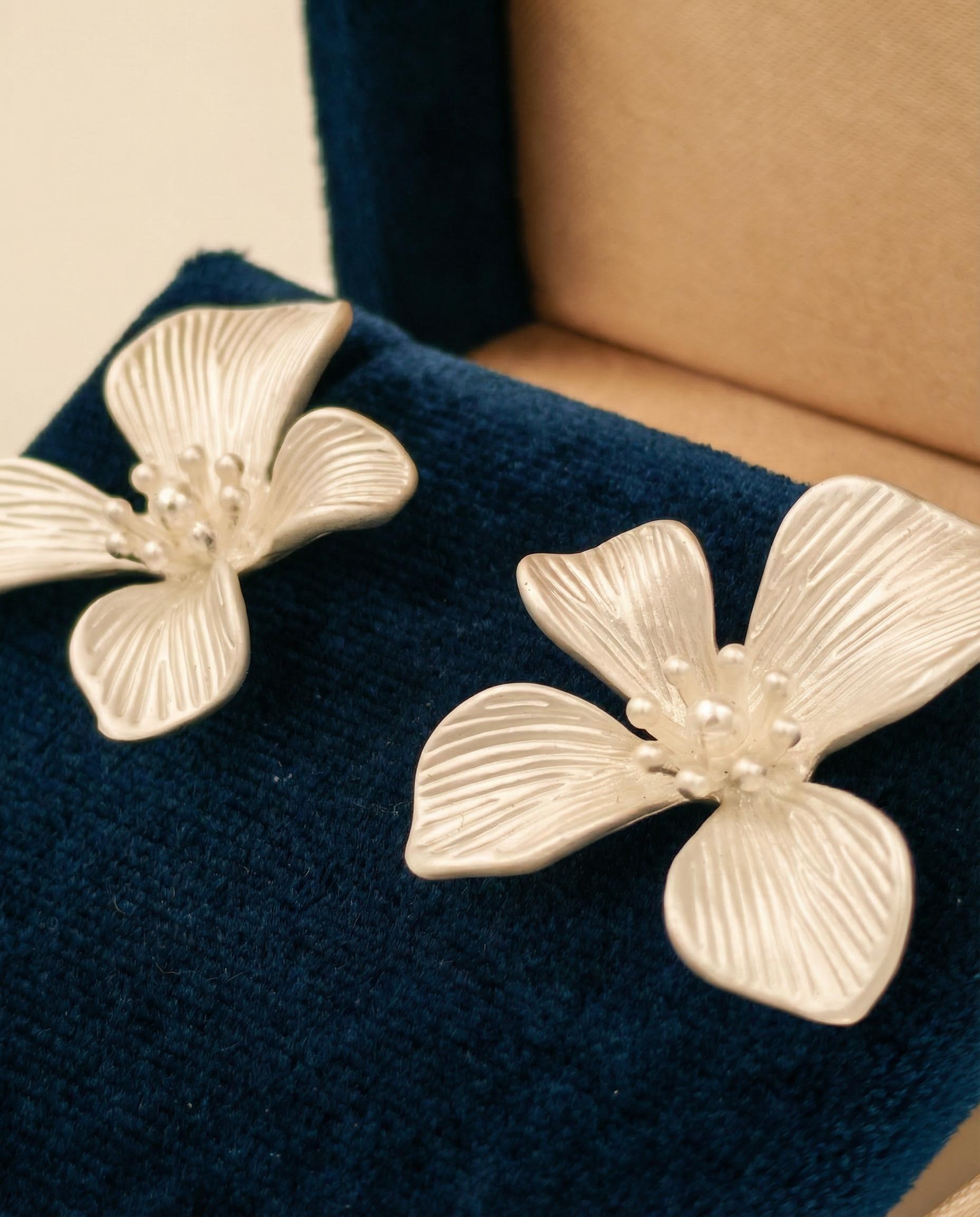 Textured Petal Stud Earrings with Seed Pearls – Minimalist Silver Floral