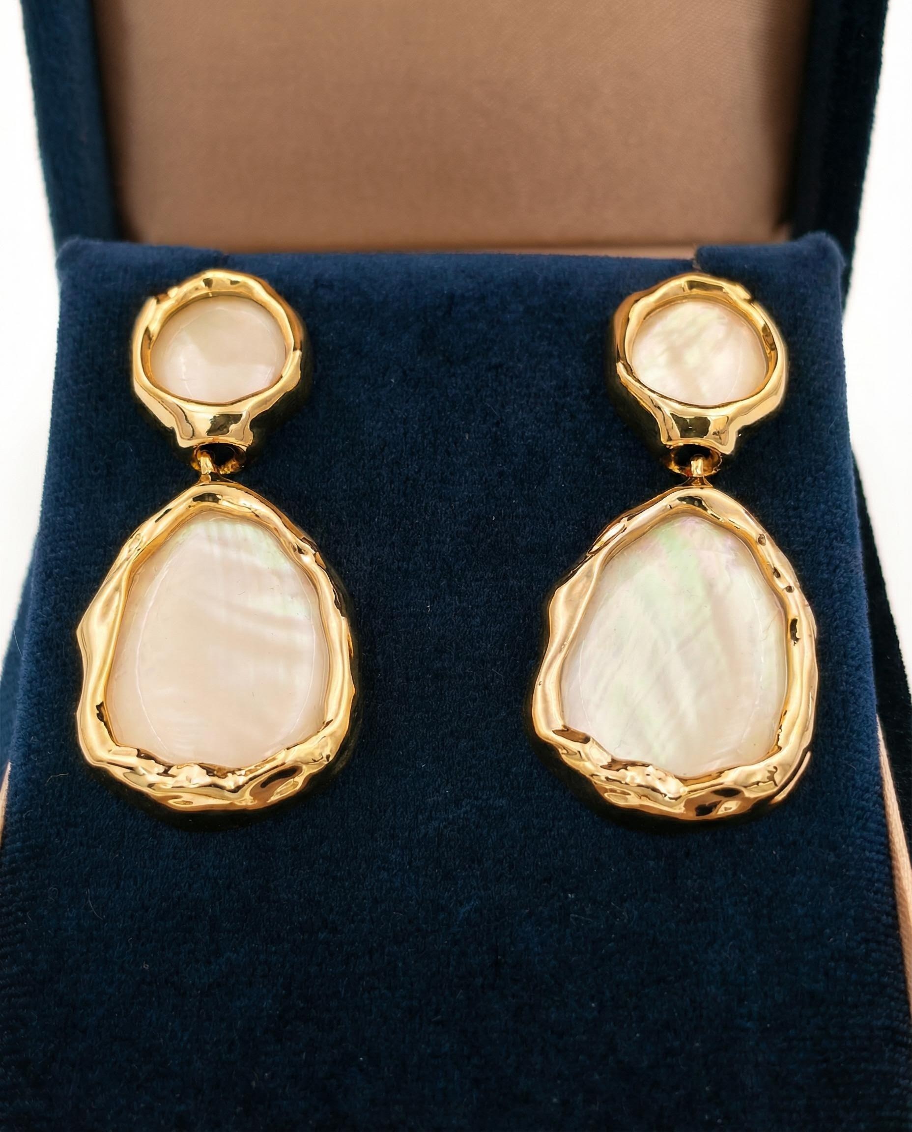 Double Mother-of-Pearl Drop Earrings – Organic Teardrops in Hammered Gold