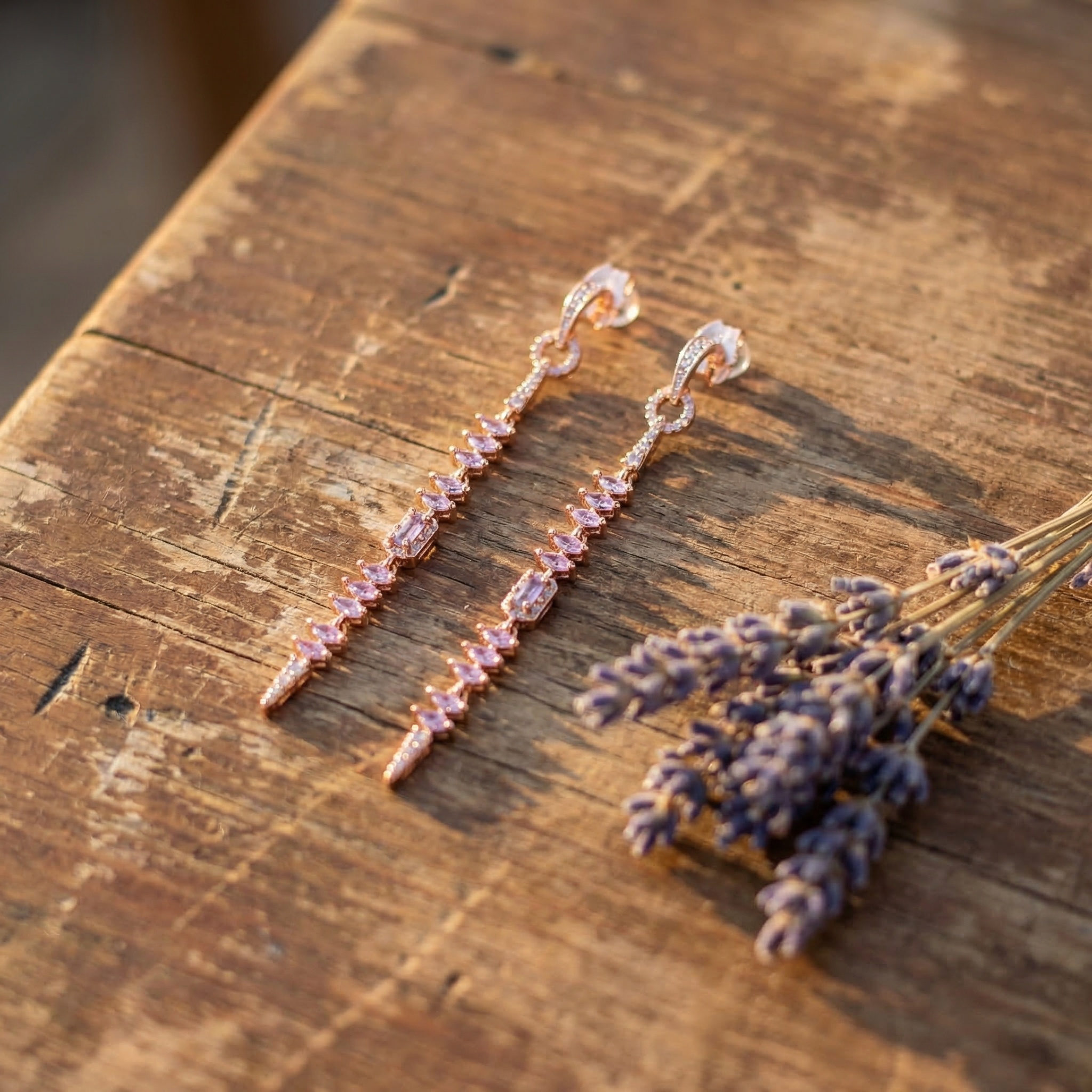Amethyst Tassel Earrings – 7.5cm Waterfall of Purple Gems in 14K Rose Gold