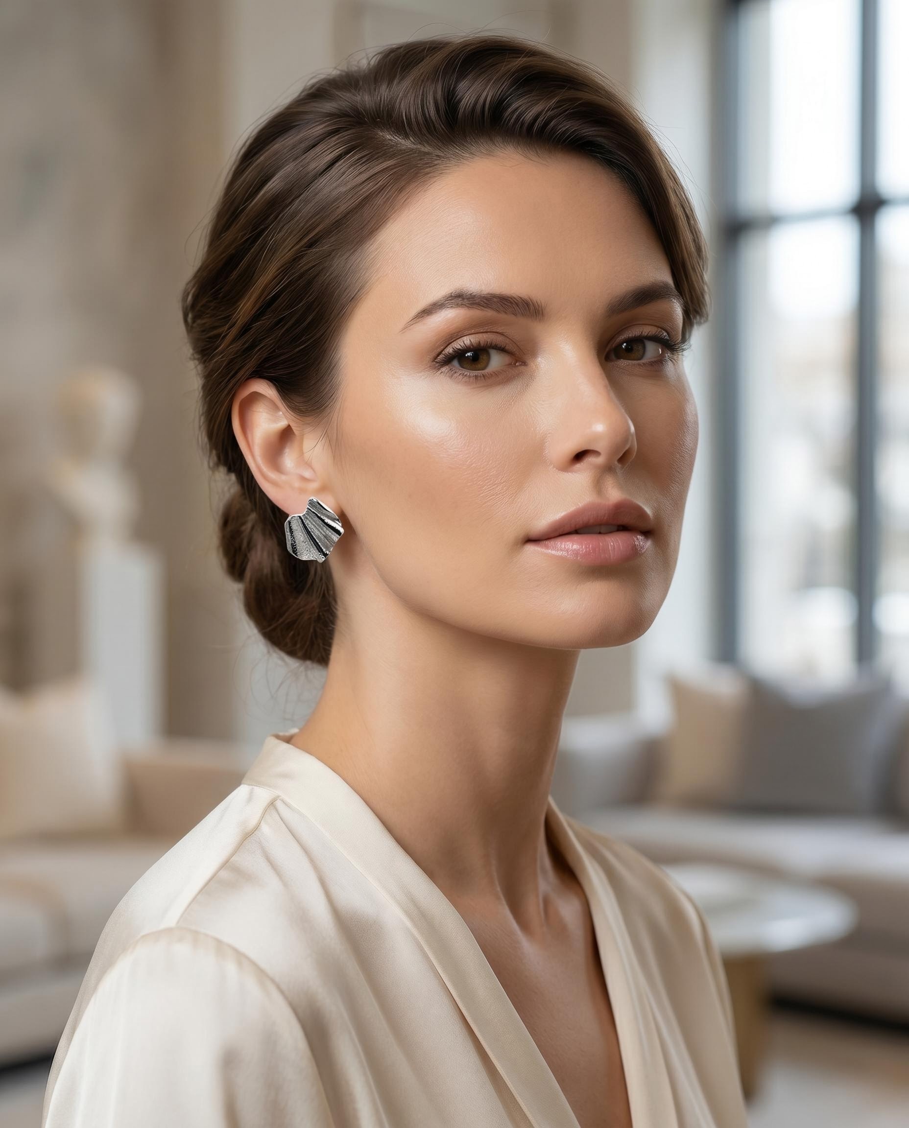 Silver-Tone Textured Shell Stud Earrings