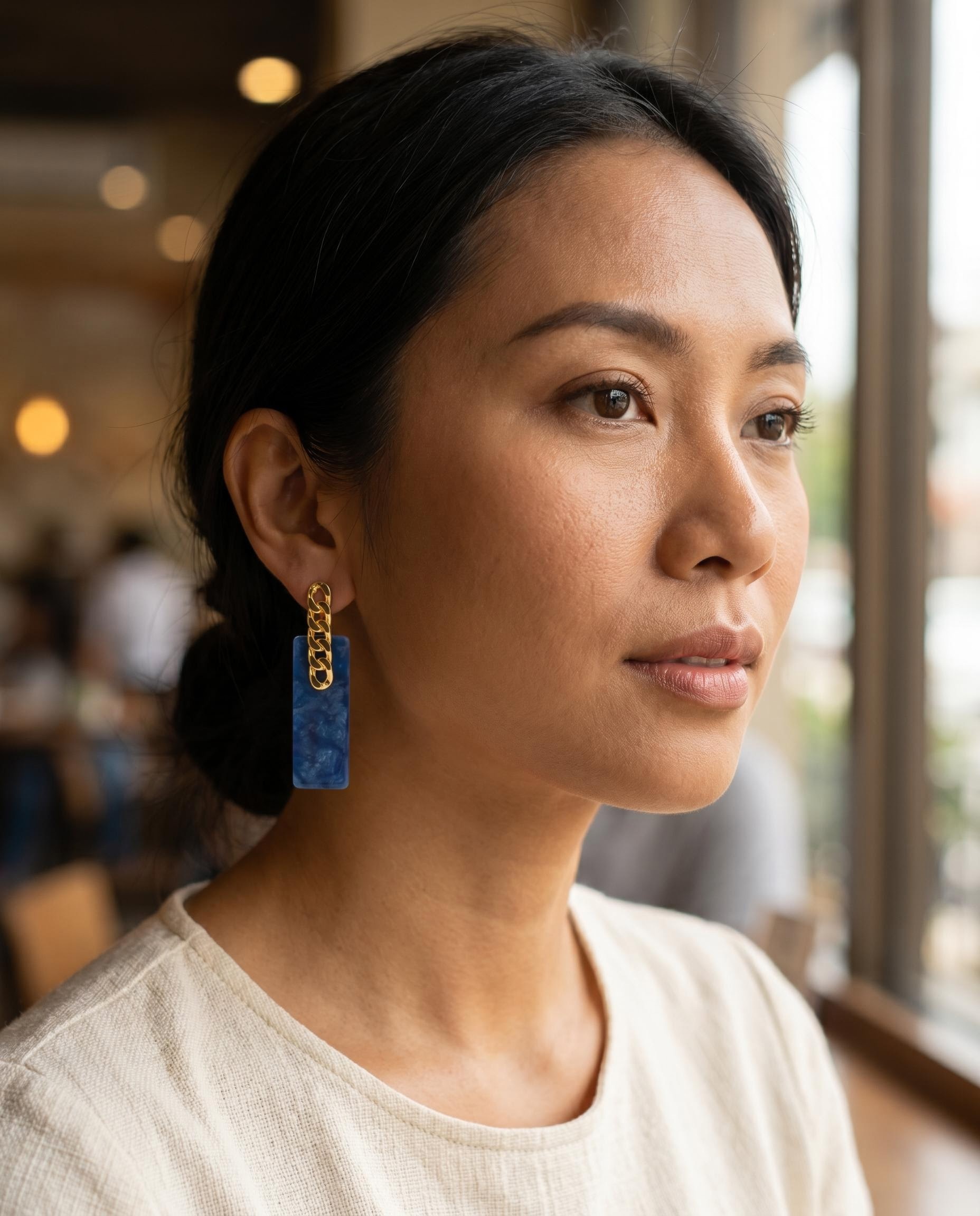 Gold-Tone Chain Link Blue Rectangle Drop Earrings