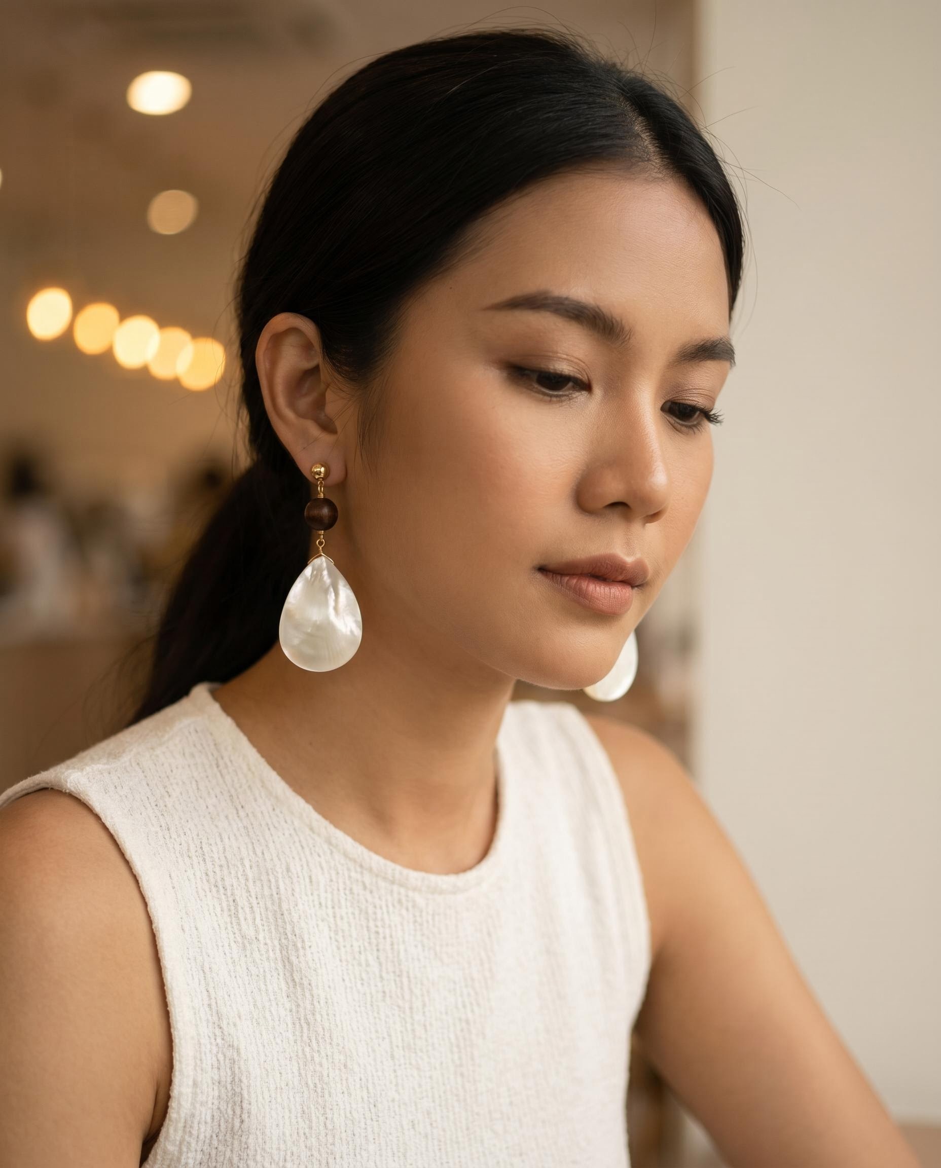 Gold-Tone Wood-Like Bead and Pearl-Like Teardrop Earrings