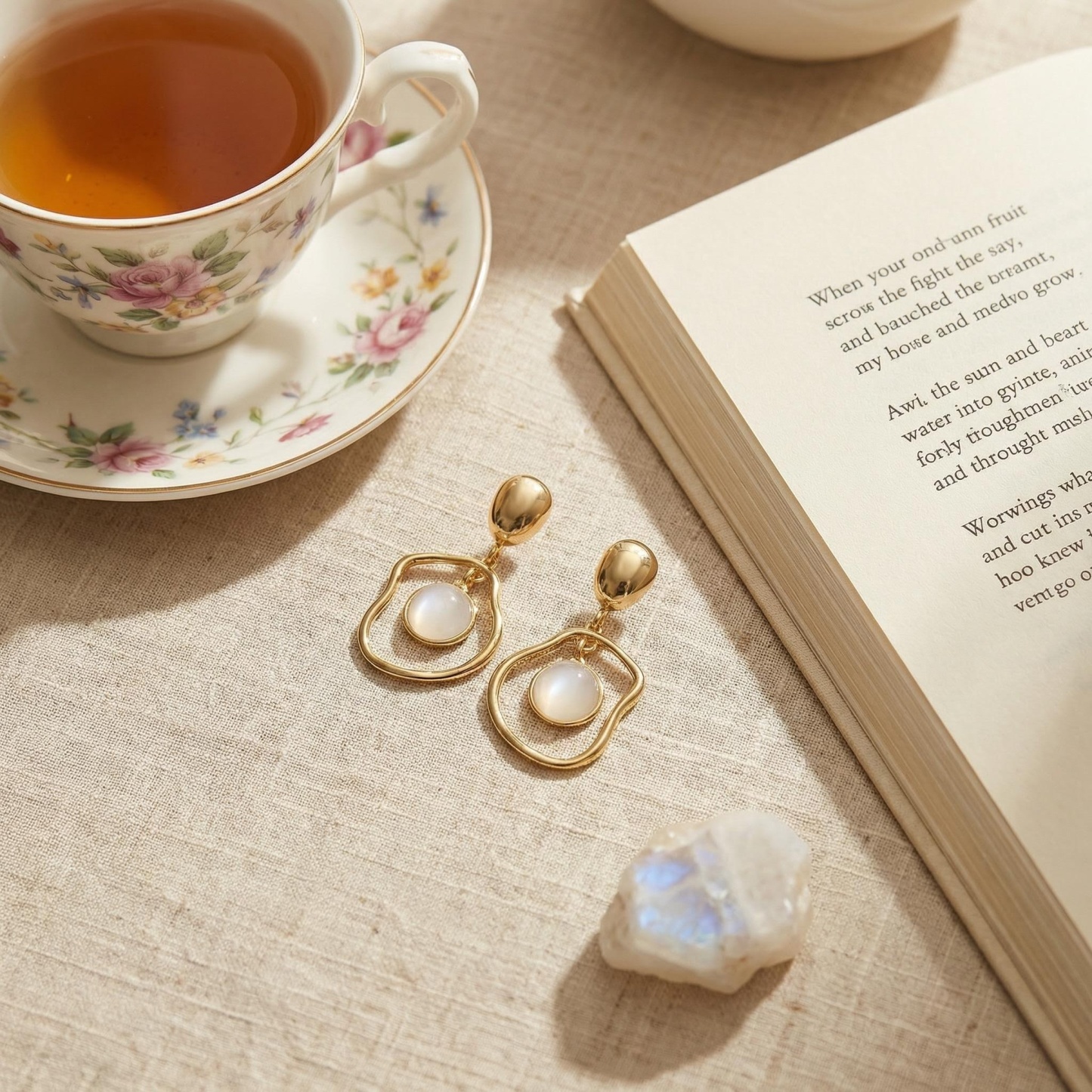 Handcrafted Moonstone Pendant in Textured Gold Frame – Unique Artisan Jewelry