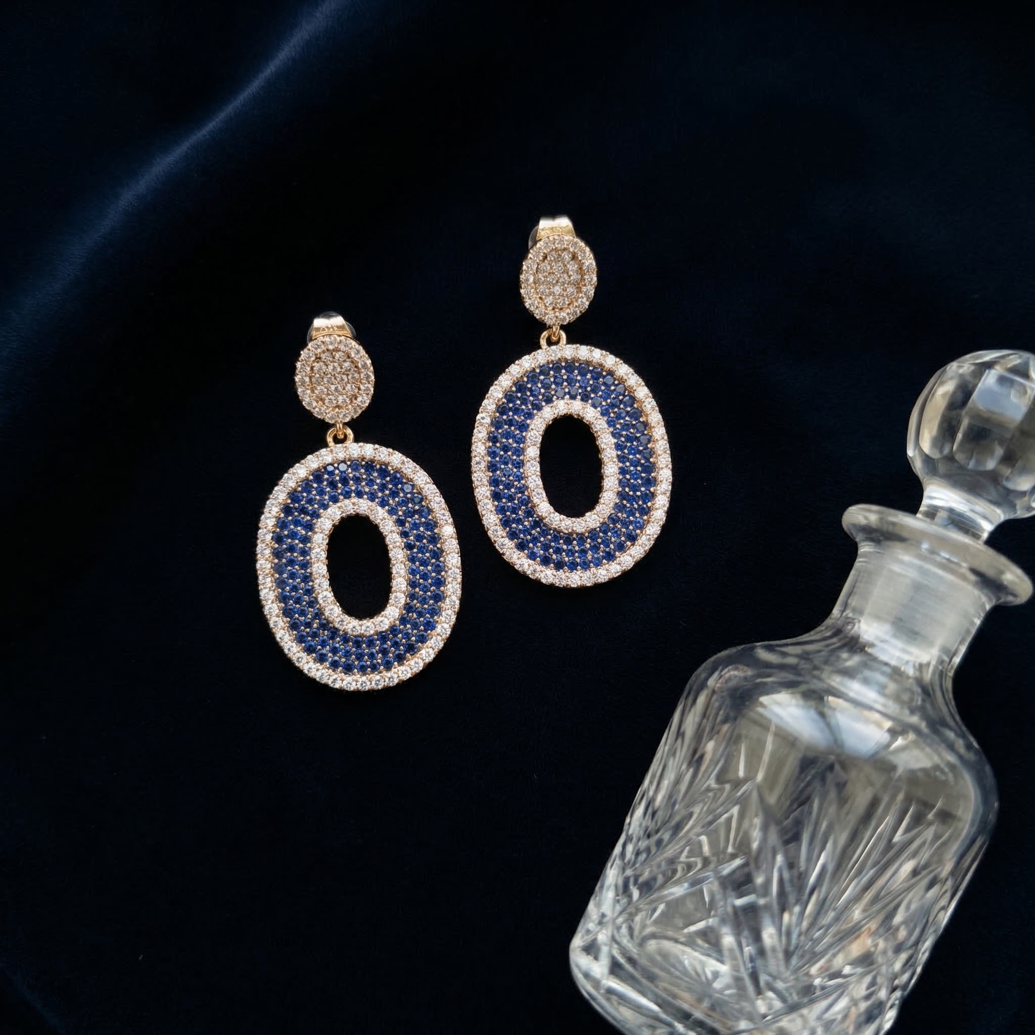 Handcrafted Vintage Geometric Earrings with Sapphire Blue Crystals & Diamonds