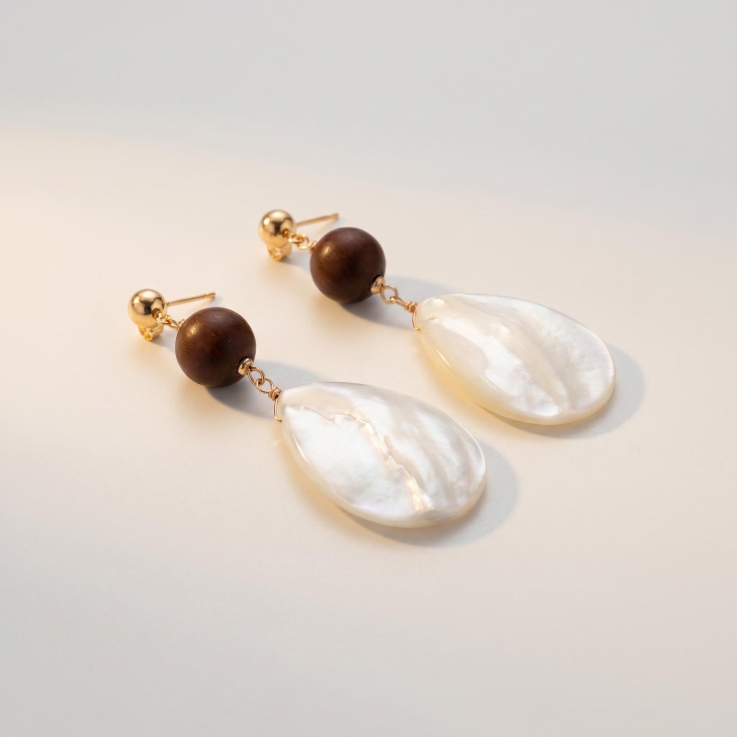 Gold-Tone Wood-Like Bead and Pearl-Like Teardrop Earrings