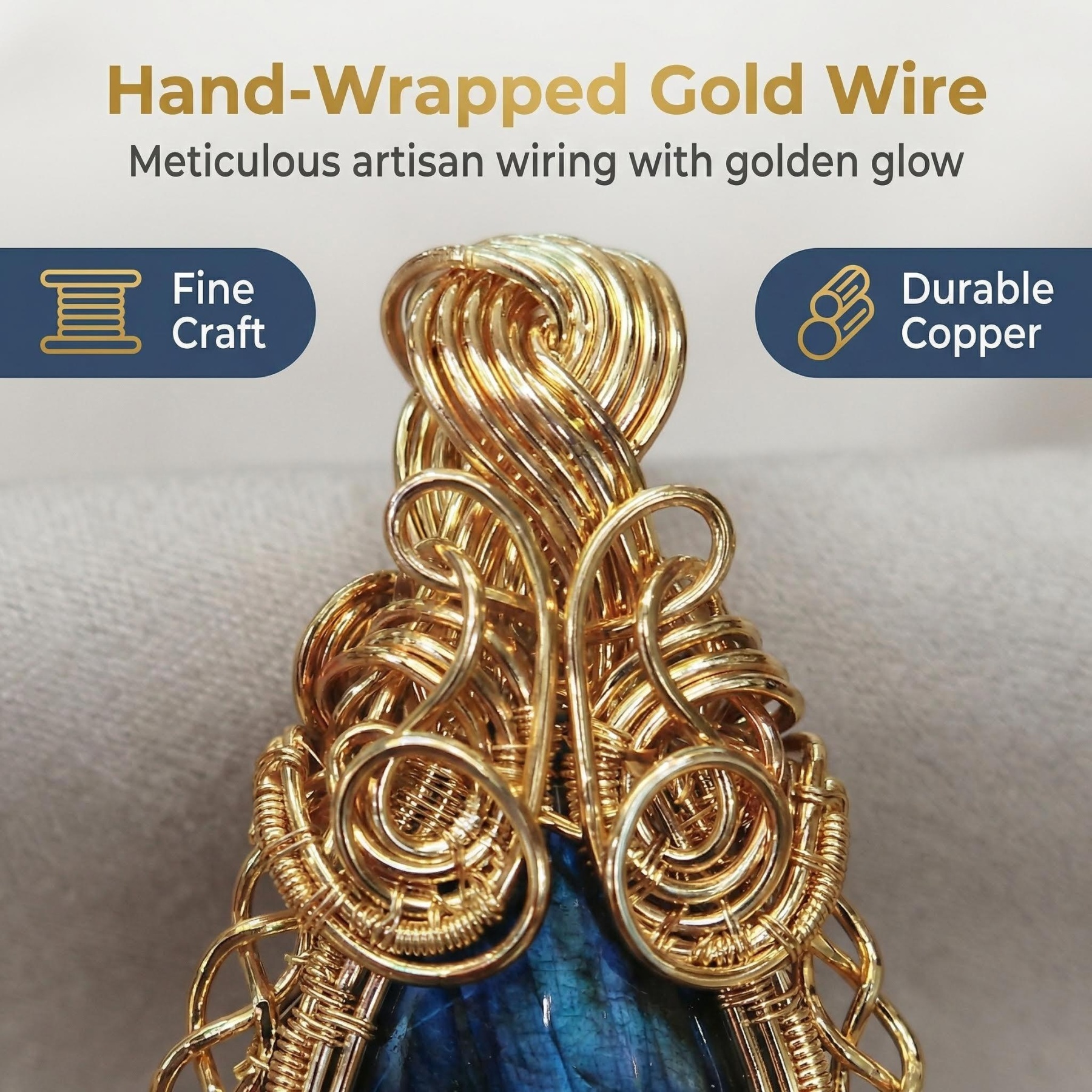 Hand-Wrapped Gold-Plated Copper Wire and Deep Blue Labradorite Pendant - Unique Artisan Craft