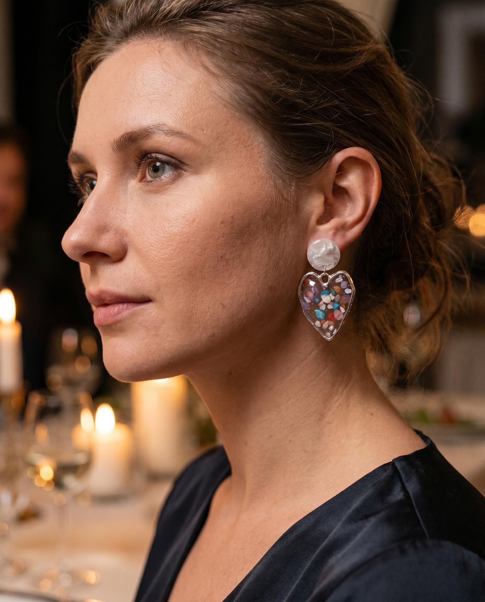 Pearl-Like Color Chip Heart Drop Earrings