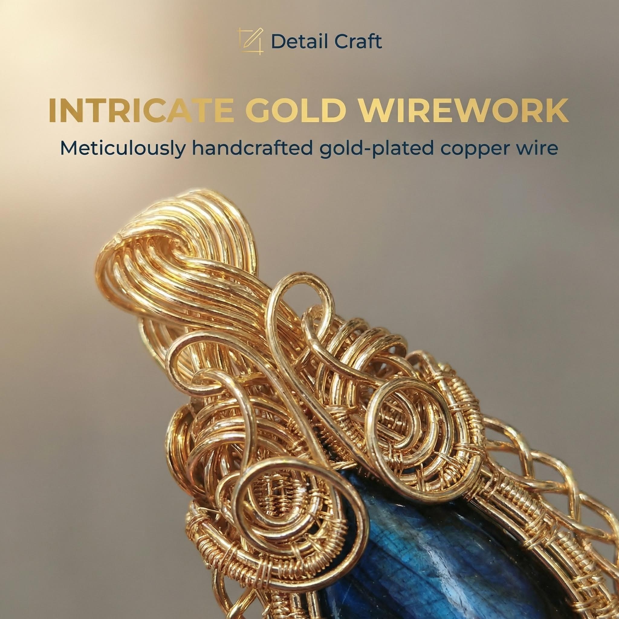Hand-Wrapped Gold-Plated Copper Wire and Deep Blue Labradorite Pendant - Unique Artisan Craft
