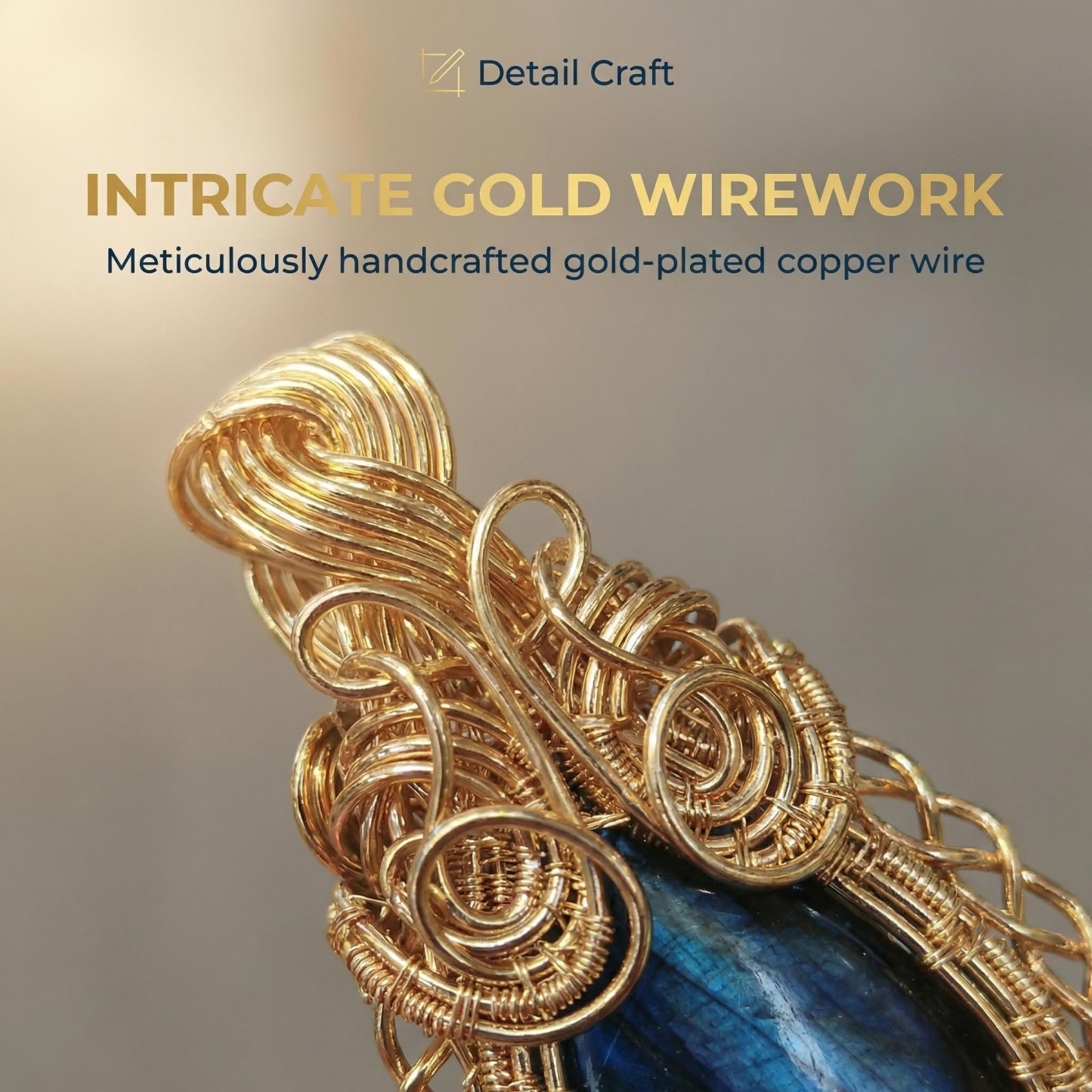 Hand-Wrapped Gold-Plated Copper Wire and Deep Blue Labradorite Pendant - Unique Artisan Craft