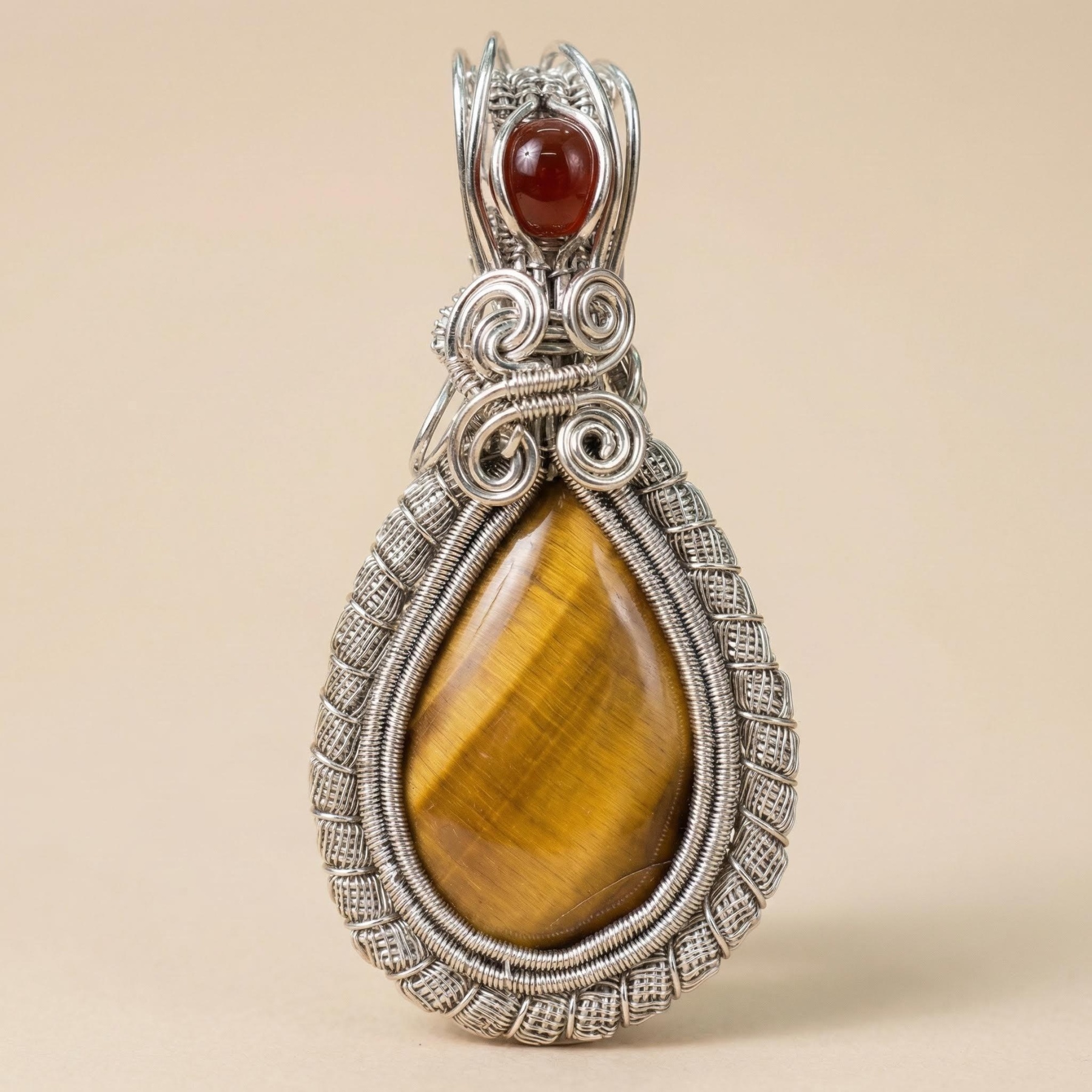 Dragon Pattern Copper Wire Wrapped Tiger‘s Eye Pendant - Ruby Accent & Vintage Glamour