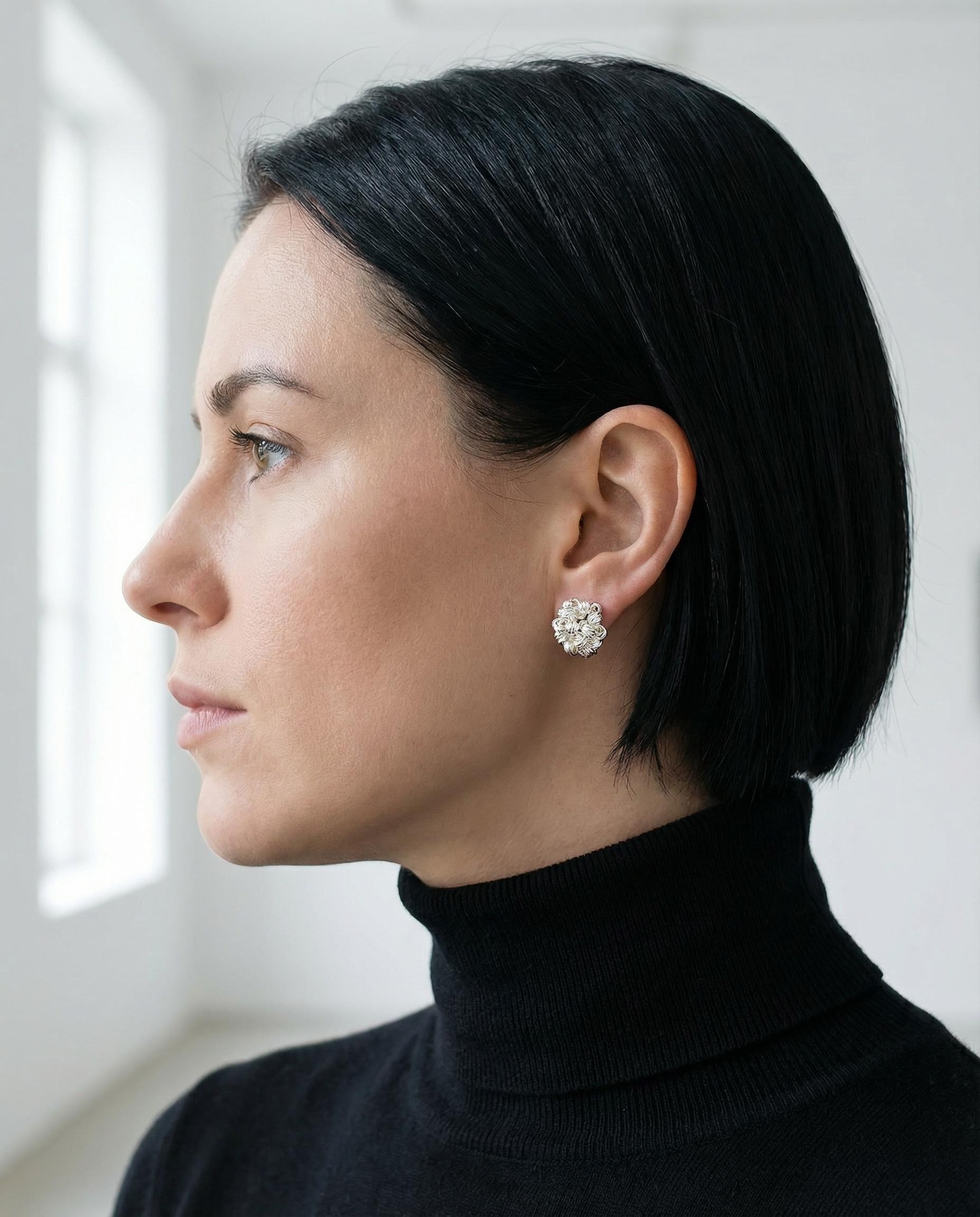 Hand-Woven Silver Ball Stud Earrings – 1cm Micro-Sculpture