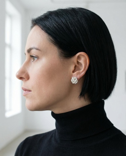 Hand-Woven Silver Ball Stud Earrings – 1cm Micro-Sculpture