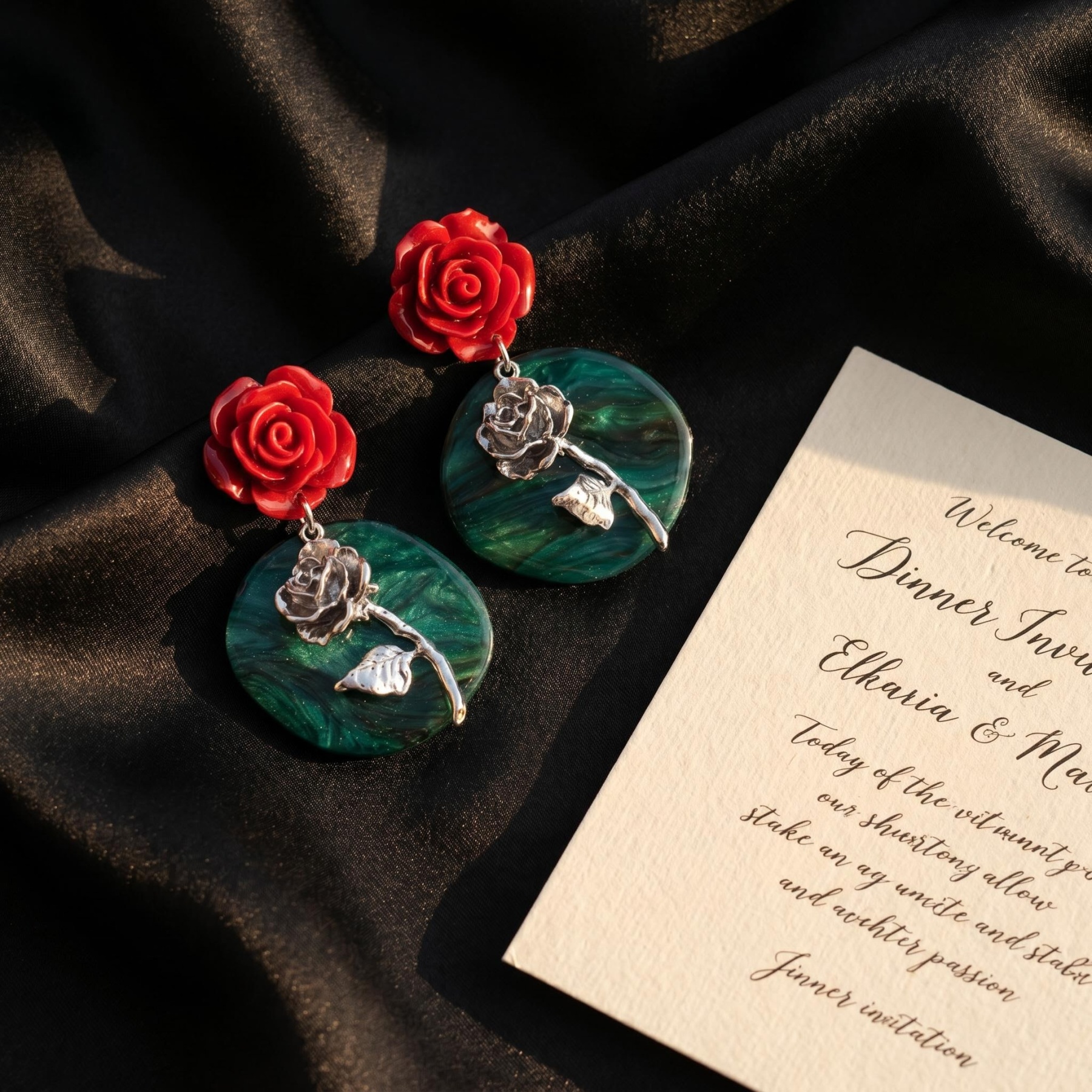 Red Rose Green Disc Drop Earrings