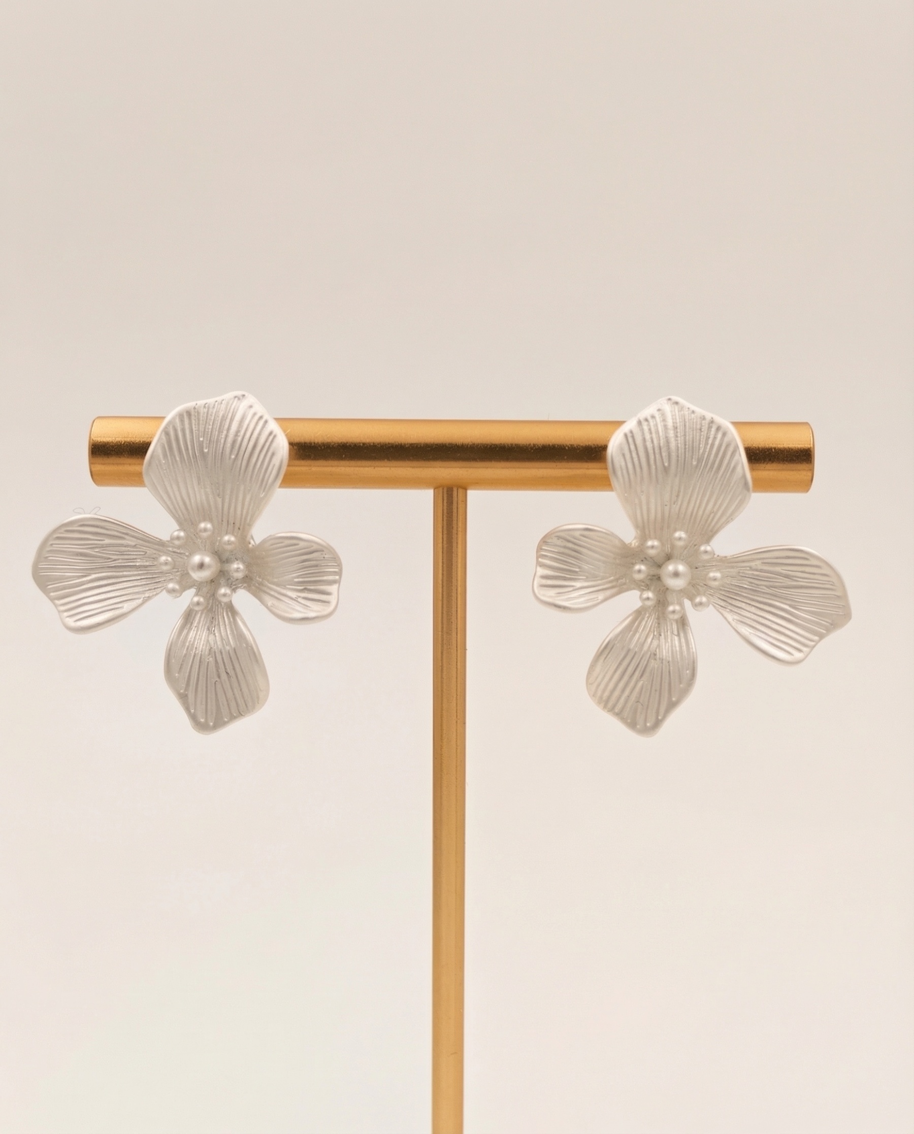 Textured Petal Stud Earrings with Seed Pearls – Minimalist Silver Floral