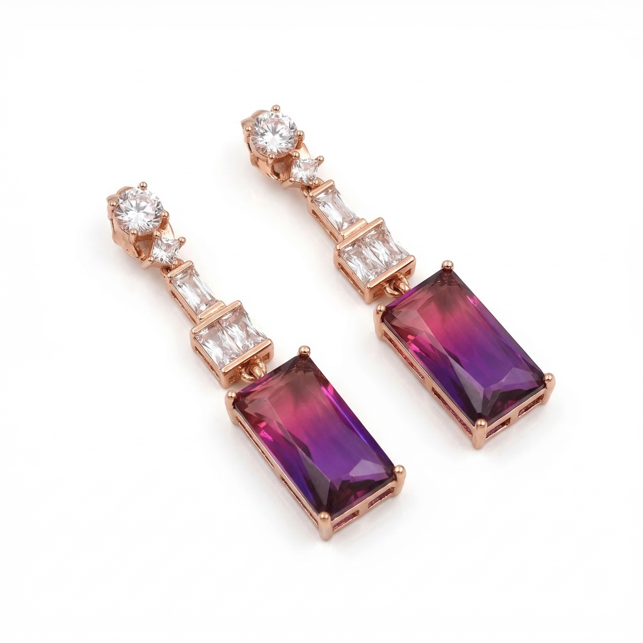 Handcrafted Amethyst & Diamond Layered Geometric Earrings – 14K Rose Gold