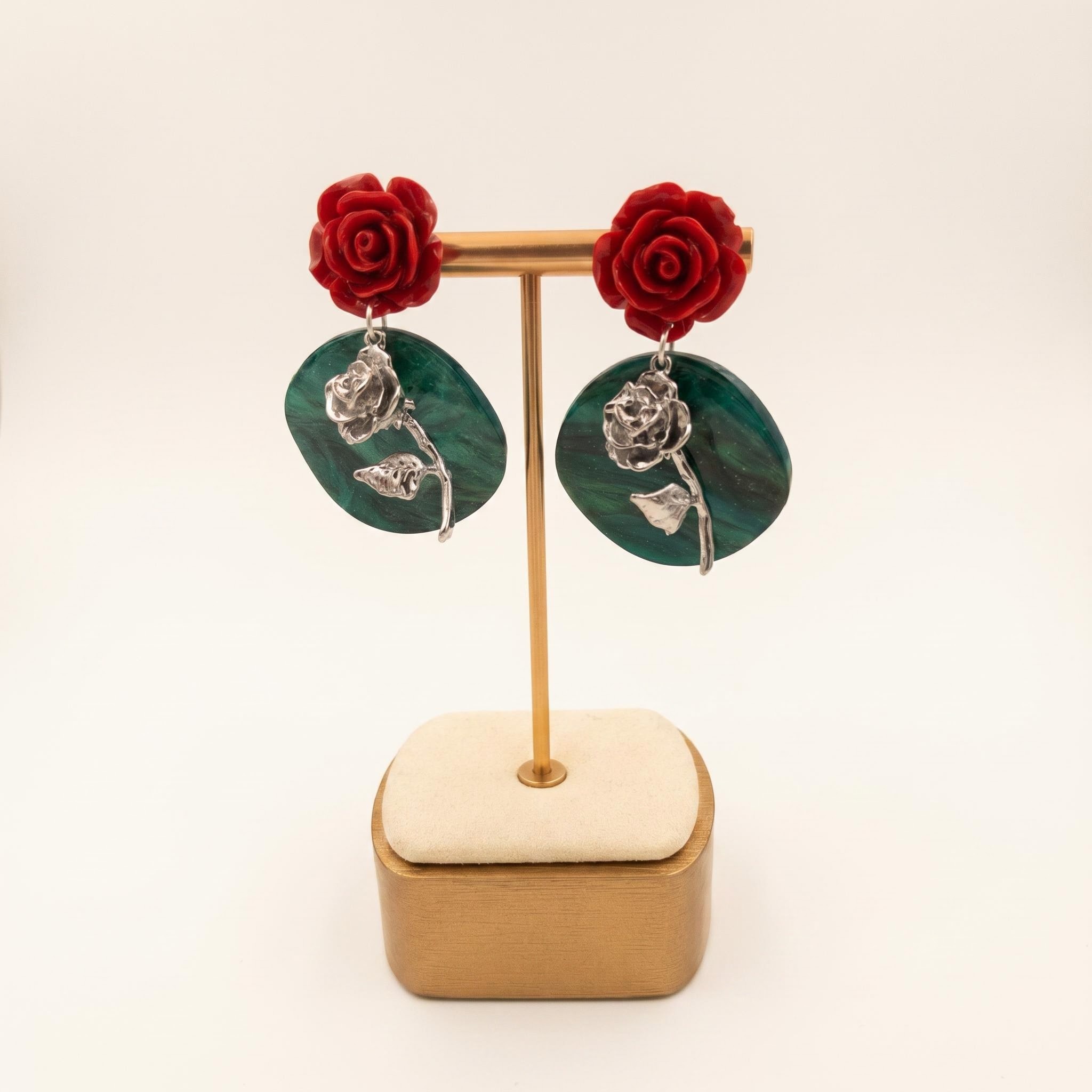 Red Rose Green Disc Drop Earrings
