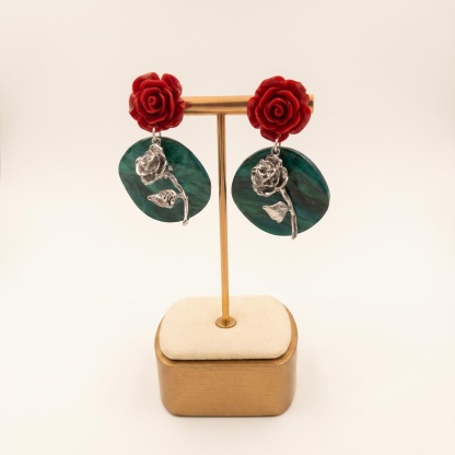 Red Rose Green Disc Drop Earrings