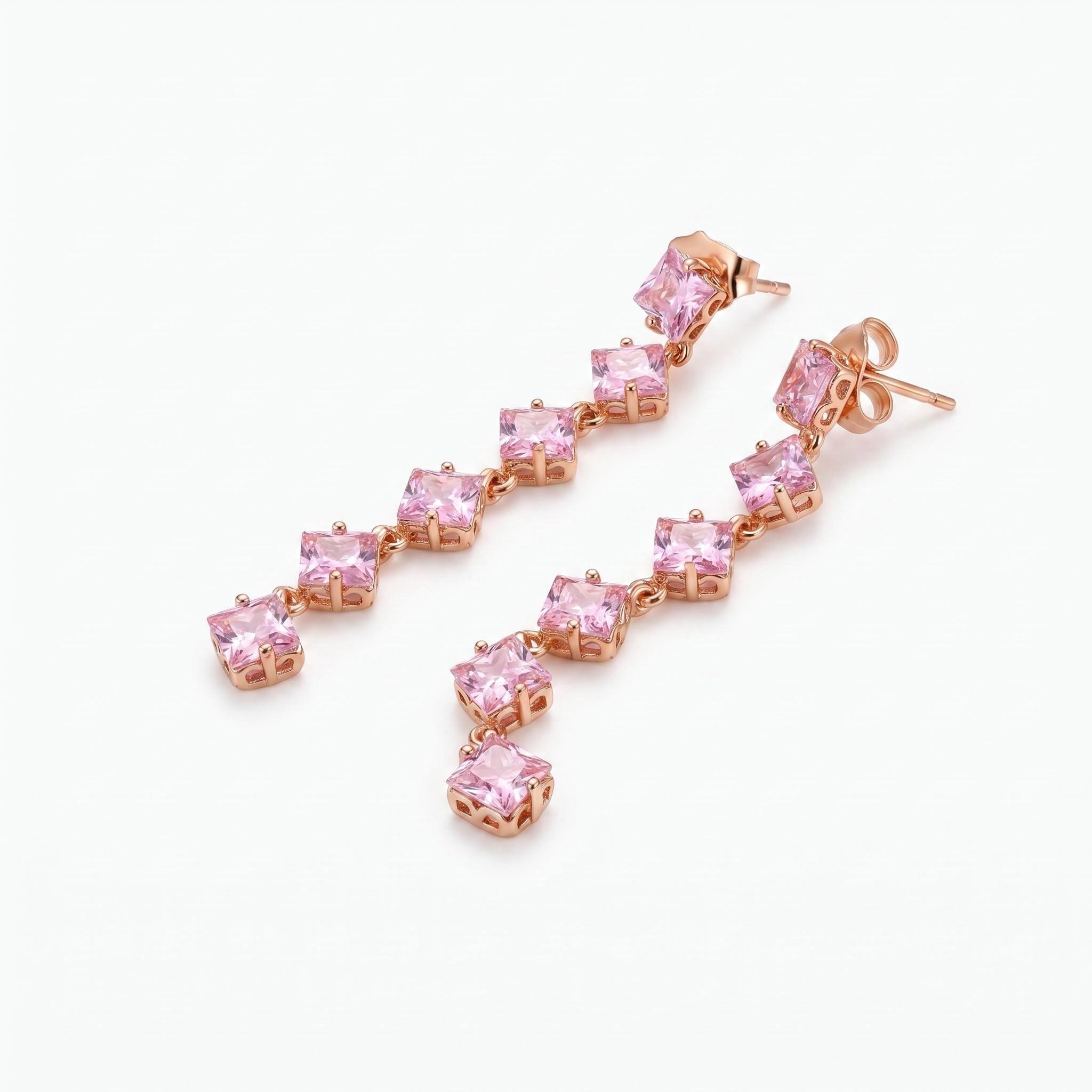 “Sweet Dream” Graduated Square Zirconia Tassel Earrings – Rose Gold