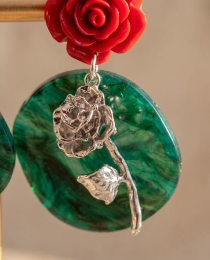 Red Rose Green Disc Drop Earrings