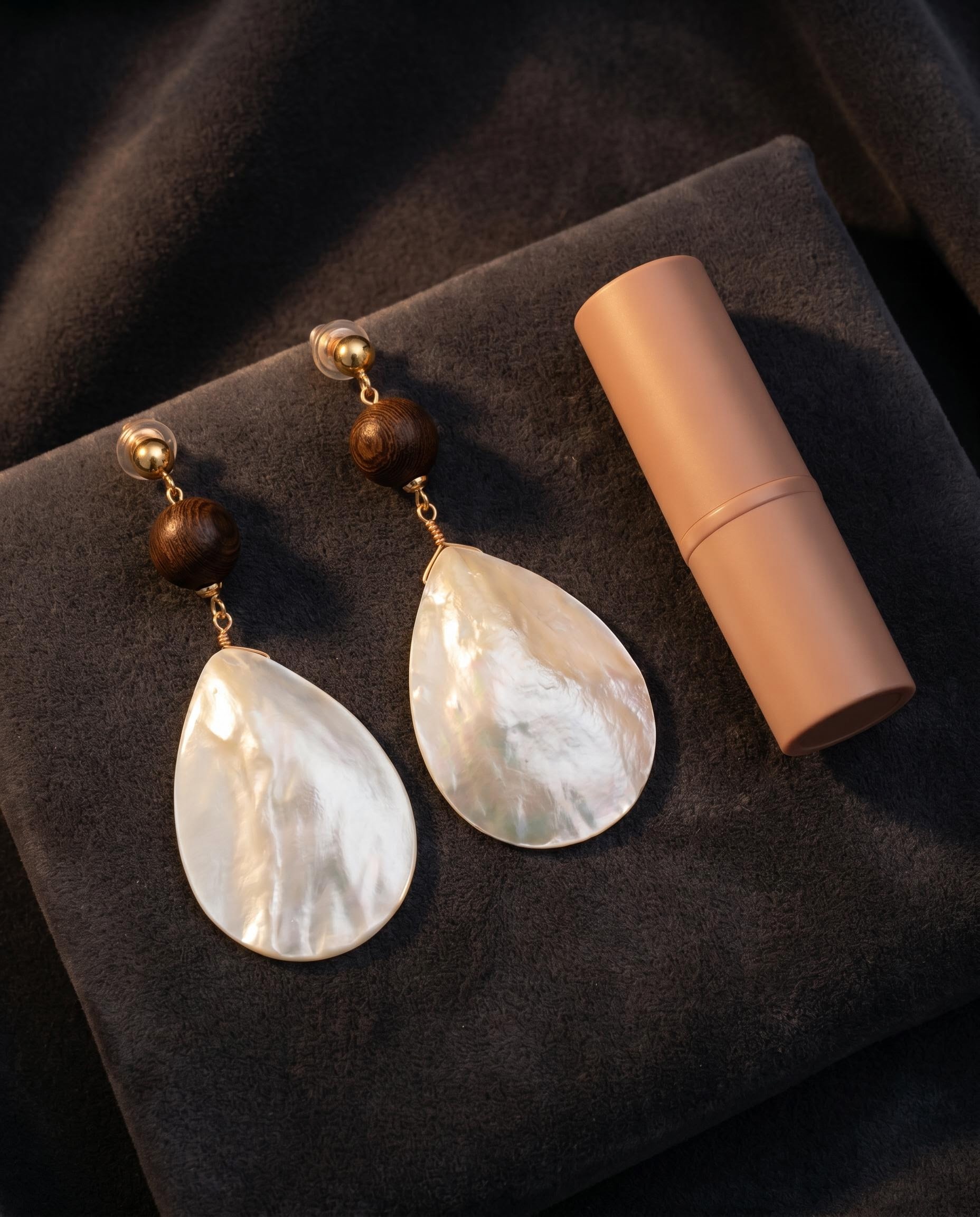 Gold-Tone Wood-Like Bead and Pearl-Like Teardrop Earrings