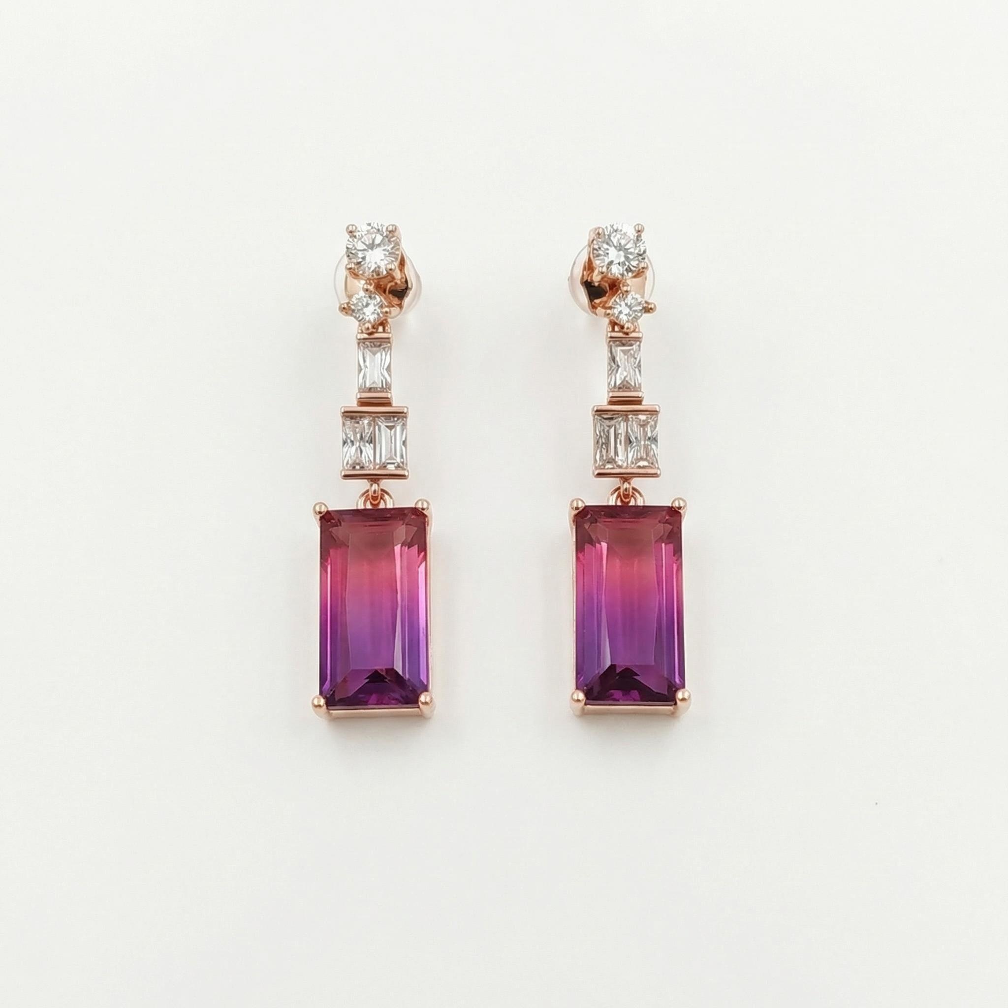 Handcrafted Amethyst & Diamond Layered Geometric Earrings – 14K Rose Gold