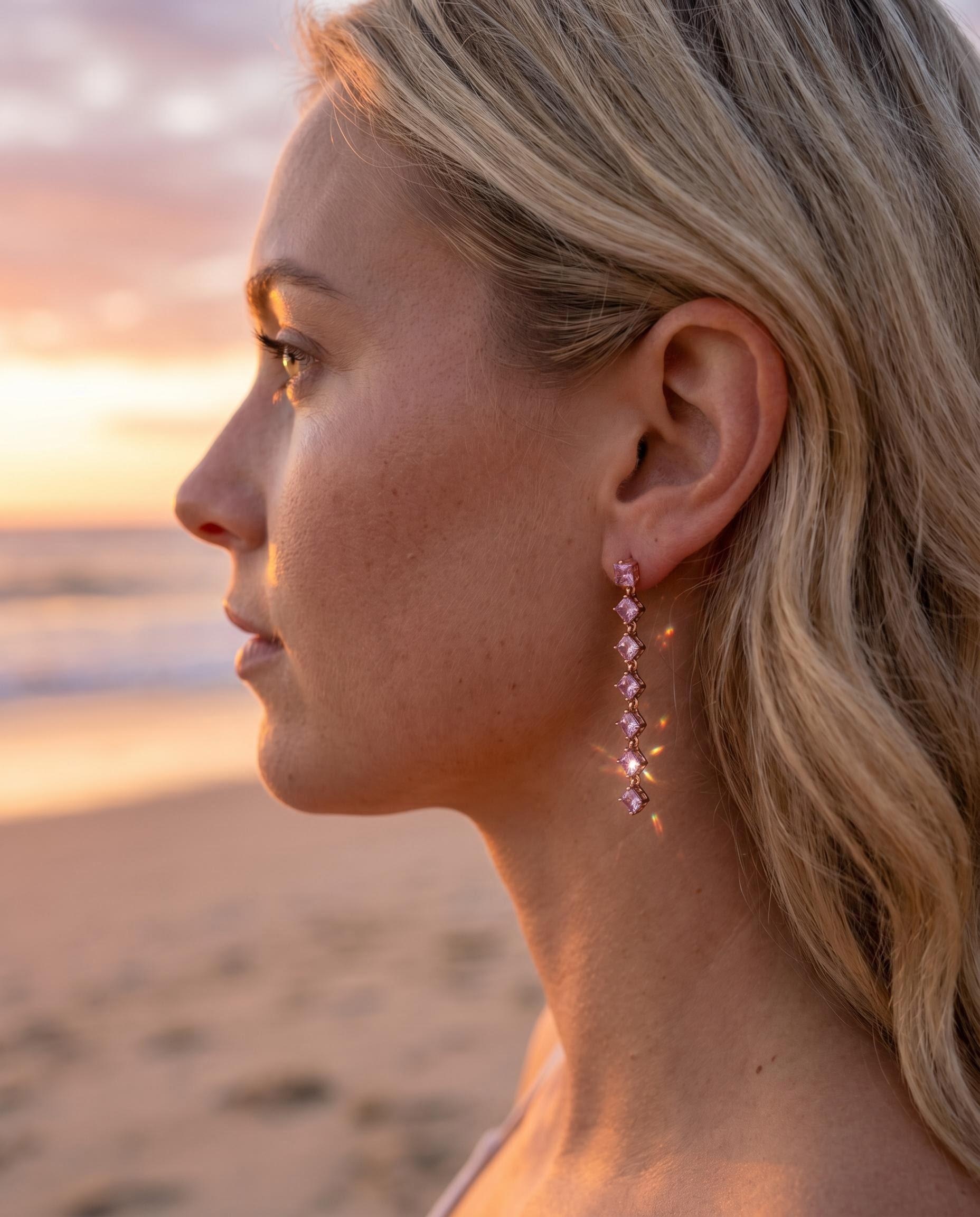 “Sweet Dream” Graduated Square Zirconia Tassel Earrings – Rose Gold