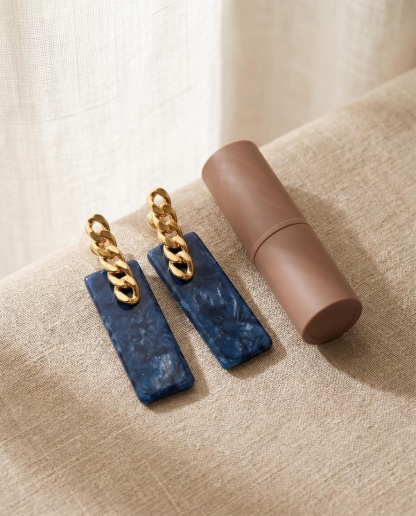 Gold-Tone Chain Link Blue Rectangle Drop Earrings
