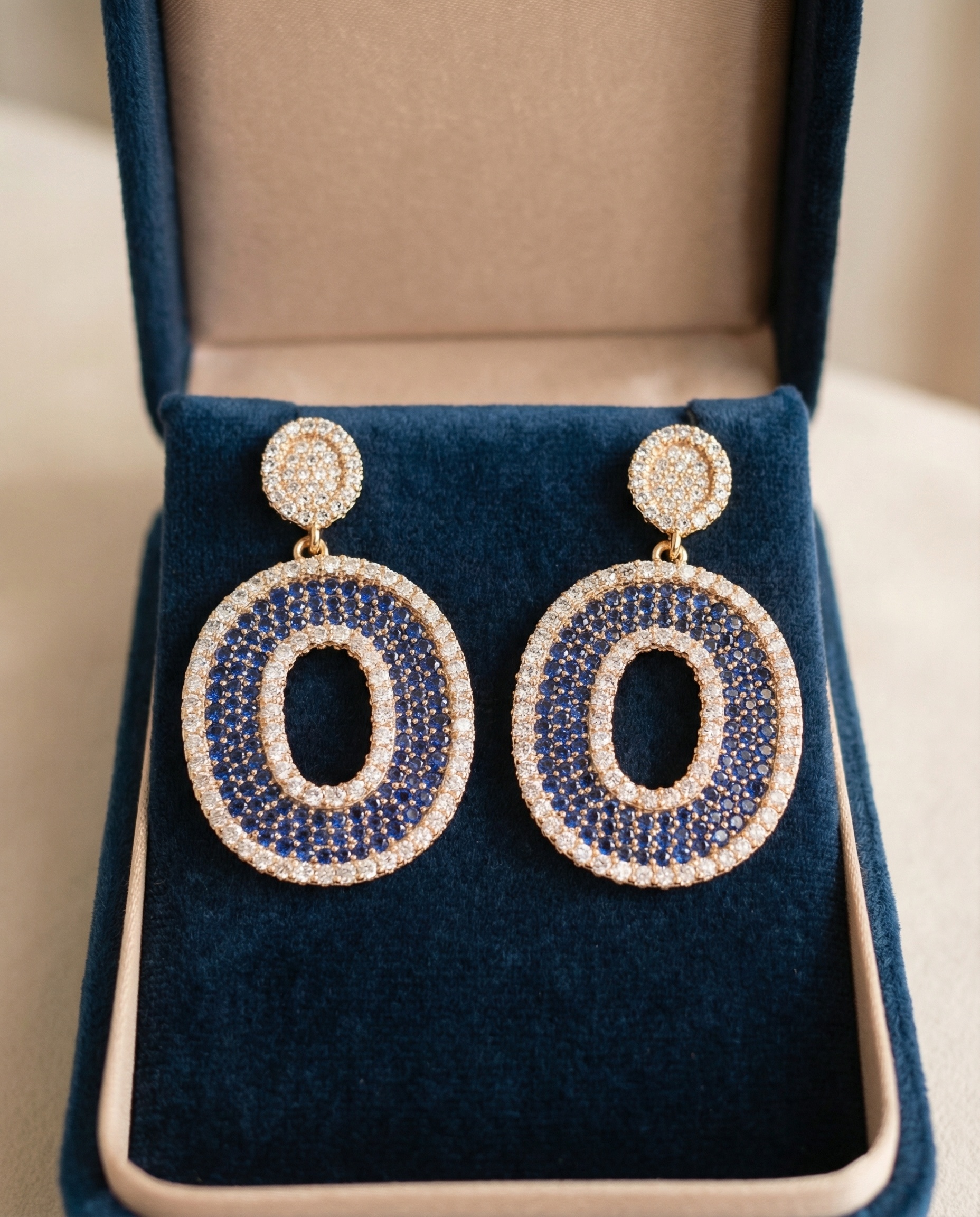 Handcrafted Vintage Geometric Earrings with Sapphire Blue Crystals & Diamonds