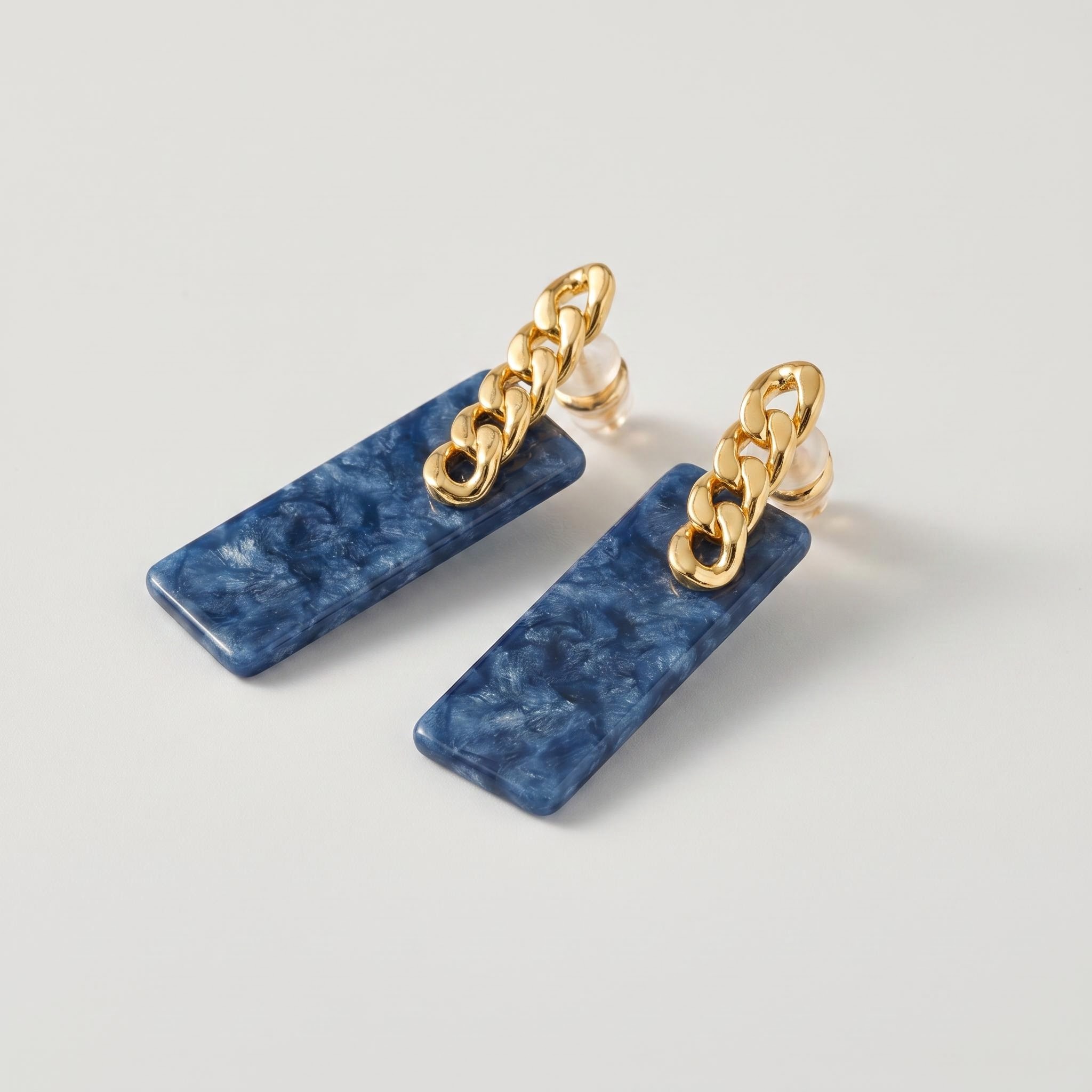 Gold-Tone Chain Link Blue Rectangle Drop Earrings