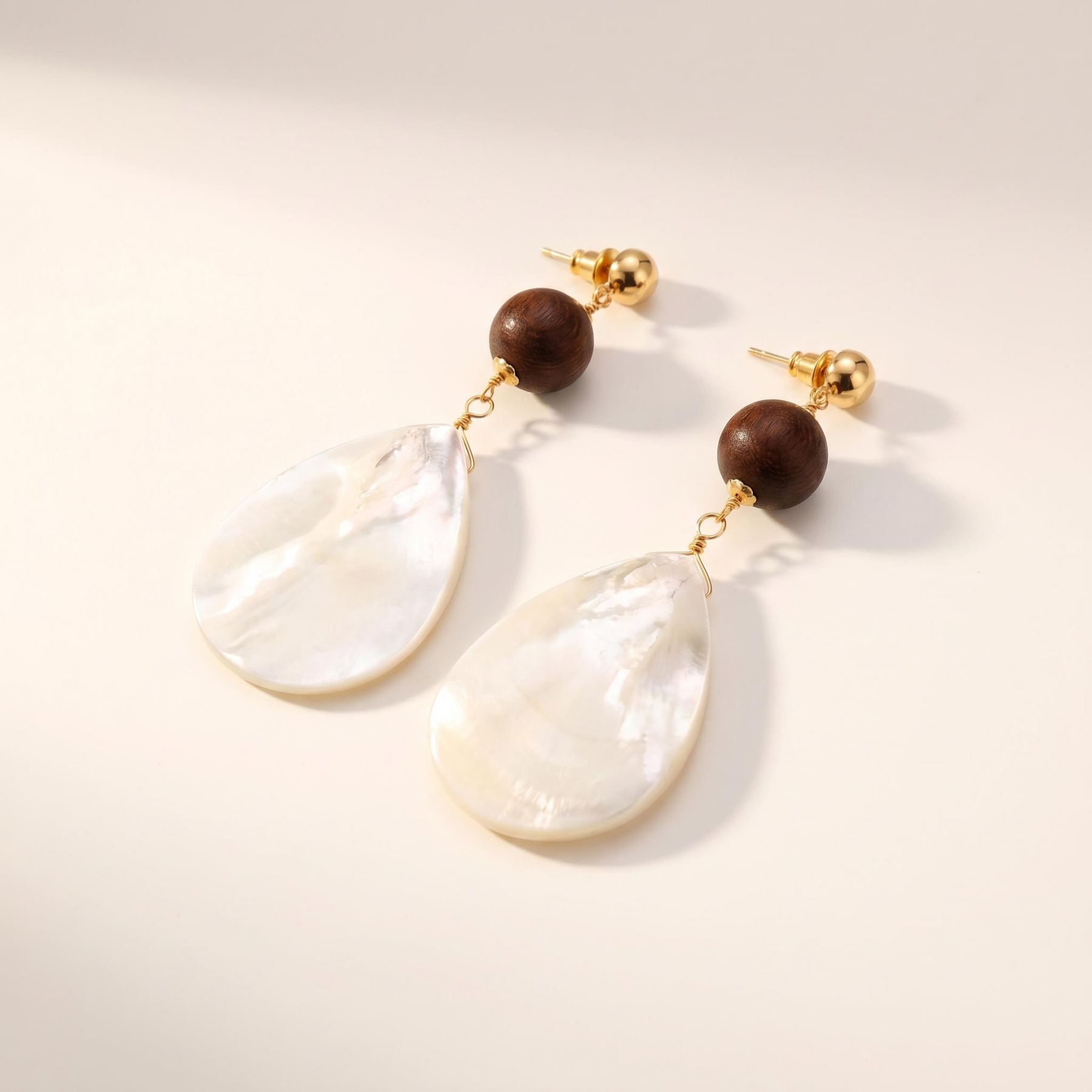 Gold-Tone Wood-Like Bead and Pearl-Like Teardrop Earrings