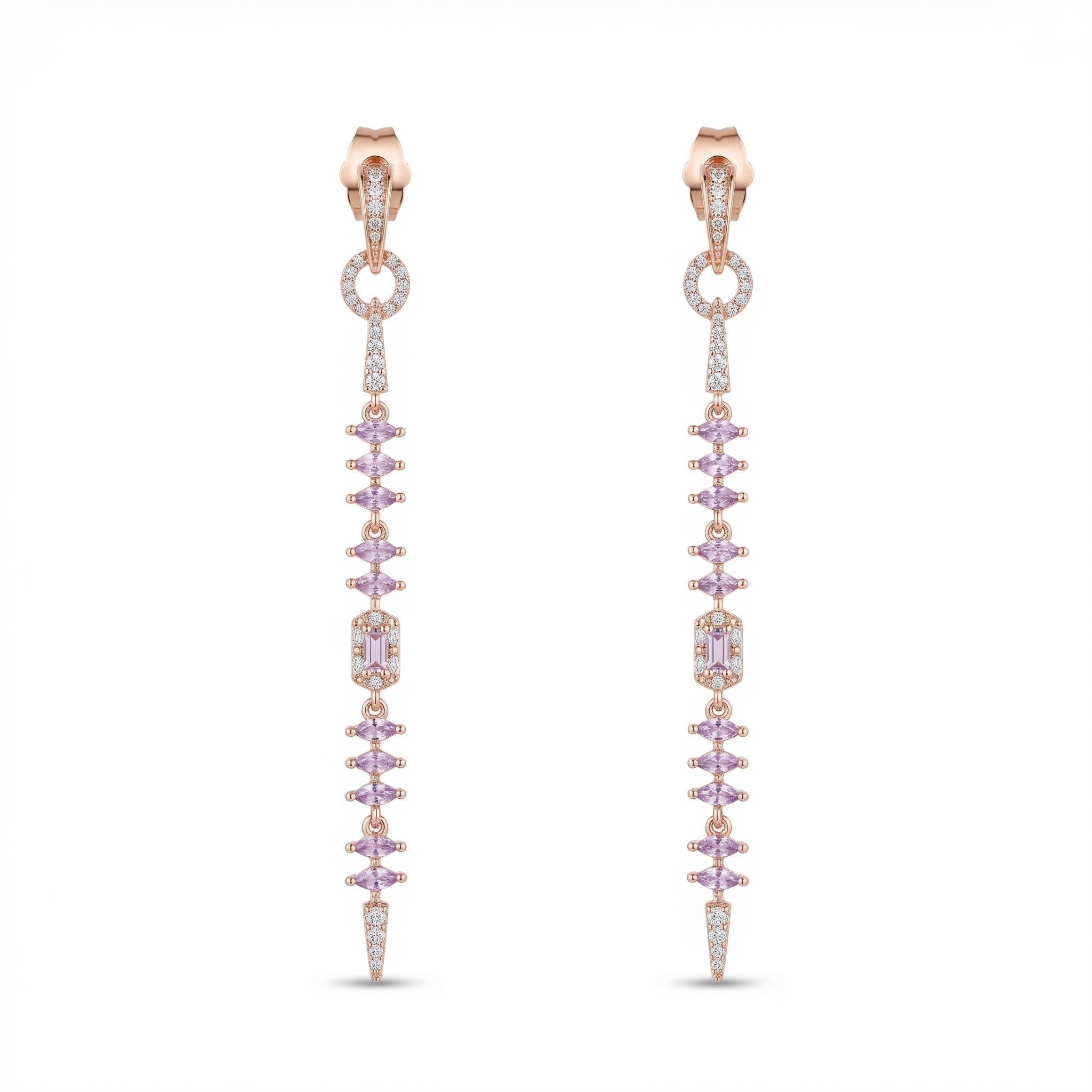 Amethyst Tassel Earrings – 7.5cm Waterfall of Purple Gems in 14K Rose Gold