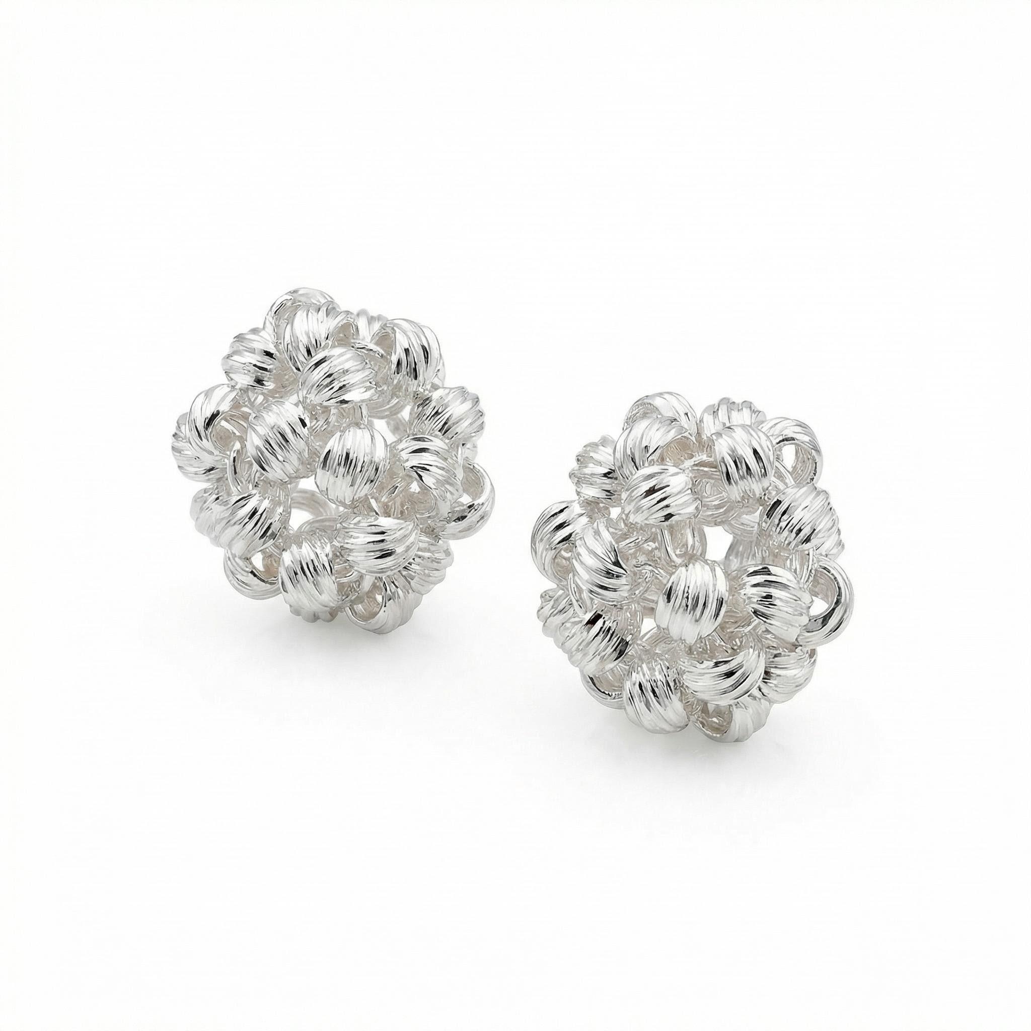 Hand-Woven Silver Ball Stud Earrings – 1cm Micro-Sculpture