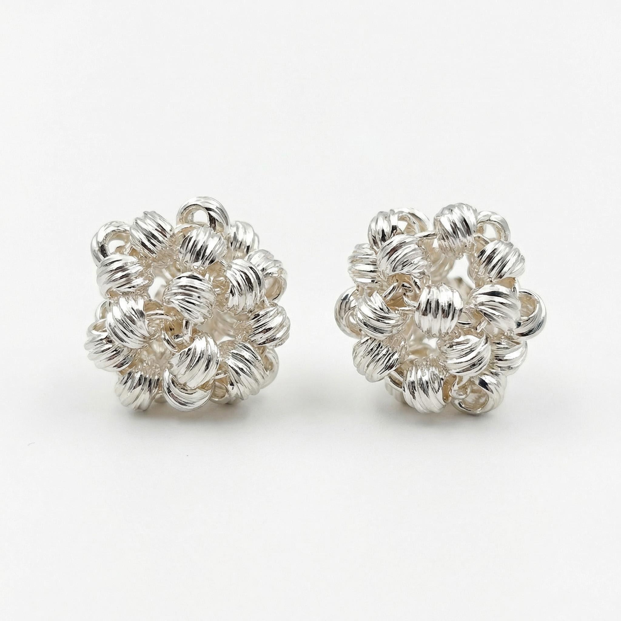 Hand-Woven Silver Ball Stud Earrings – 1cm Micro-Sculpture